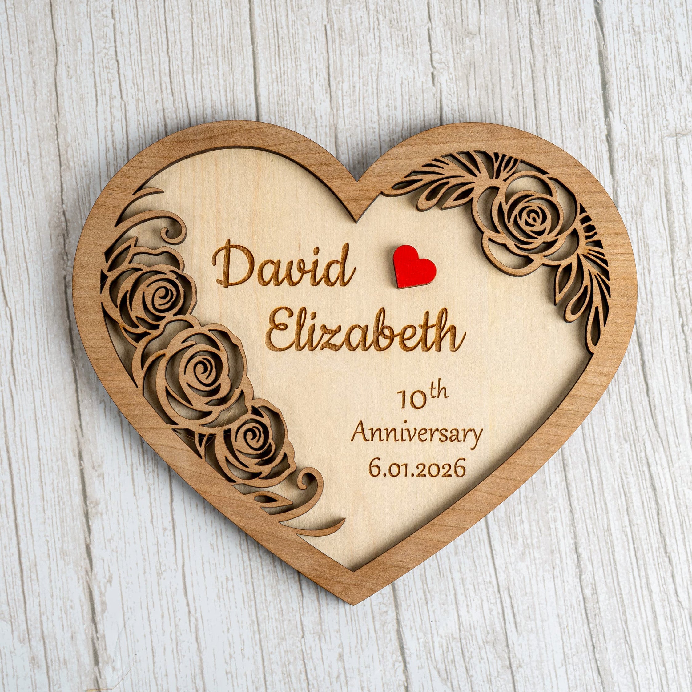 Personalised Anniversary Gifts - handcrafted wooden heart plaque with names and anniversary date engraved.