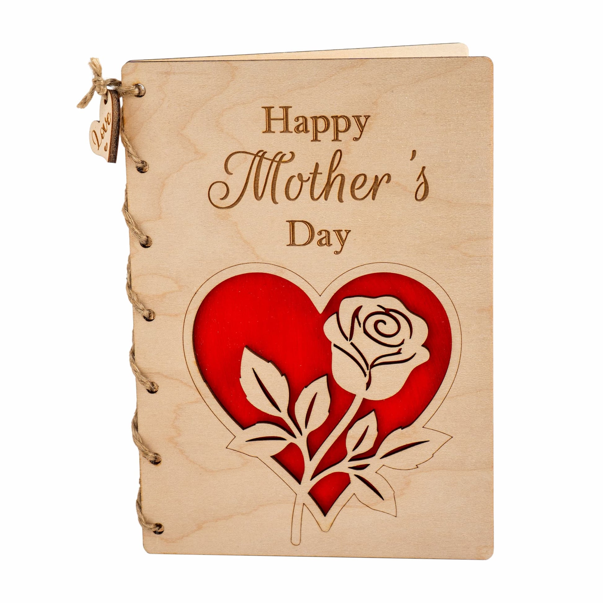 Personalised Wooden Mother's Day Card with red rose design and heartfelt message for Mother's Day.