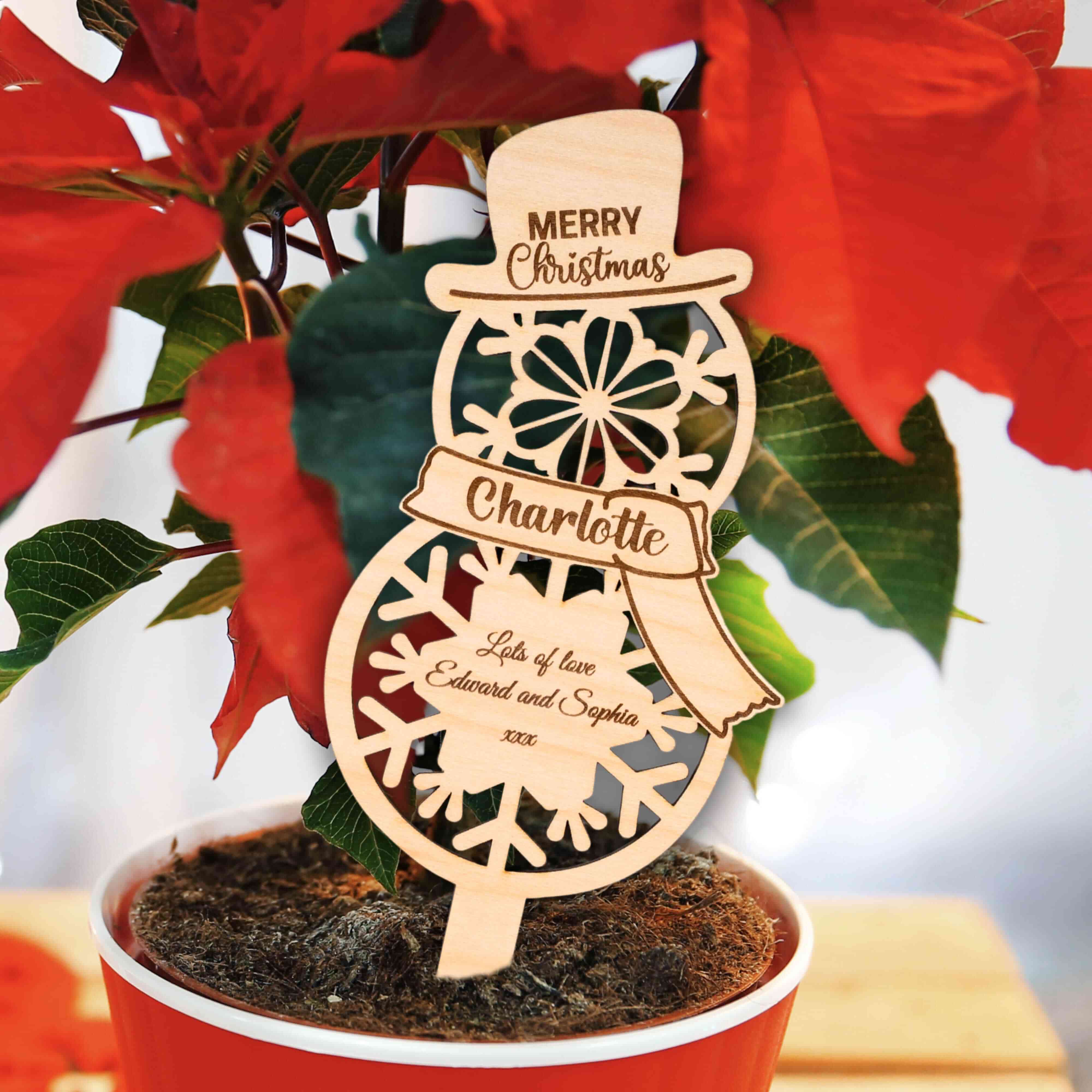 Personalised snowman Christmas flower pot sign with name and message in a planter, perfect for festive decor.