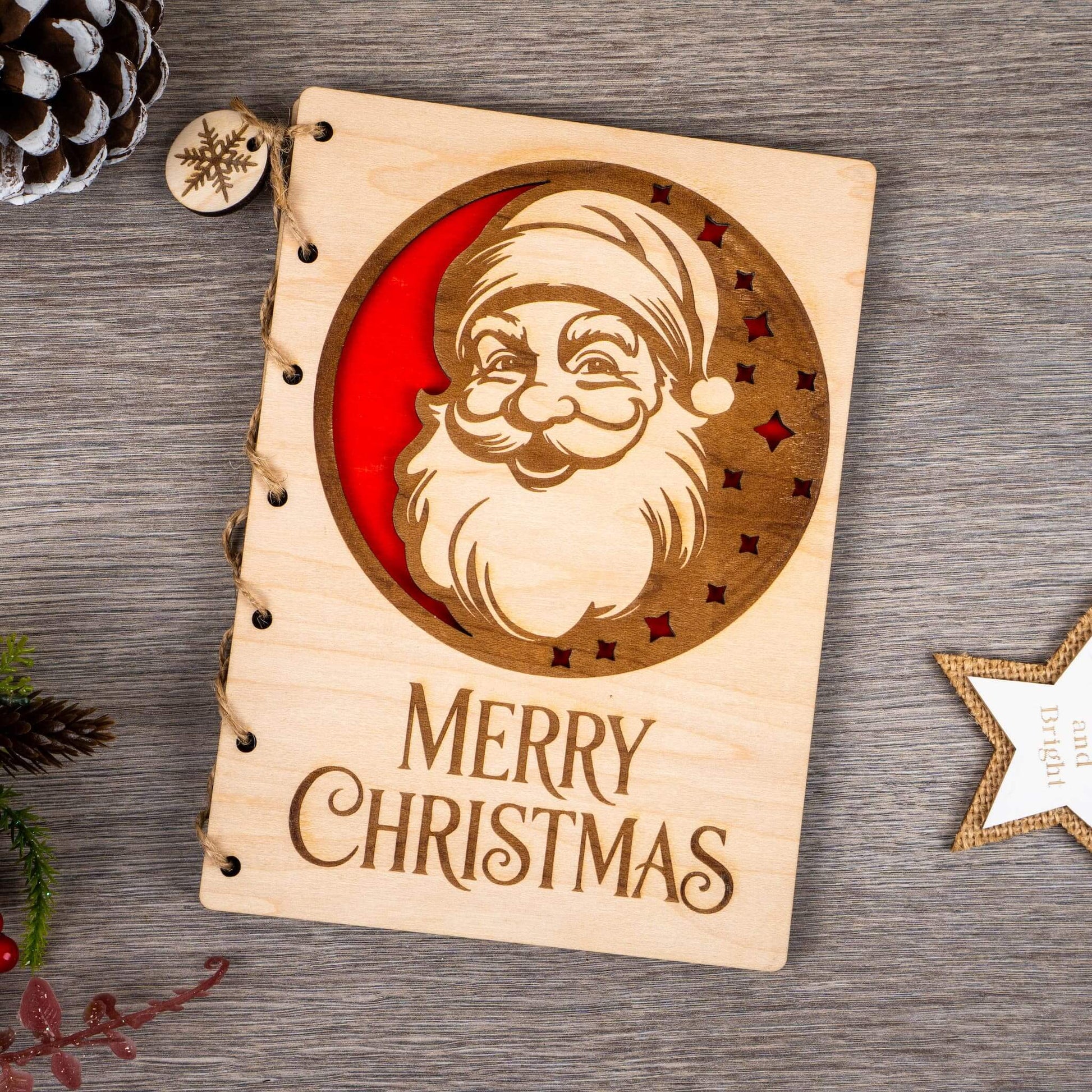 Personalised Christmas Card featuring an engraved Santa design and the phrase Merry Christmas, perfect for holiday gifting.