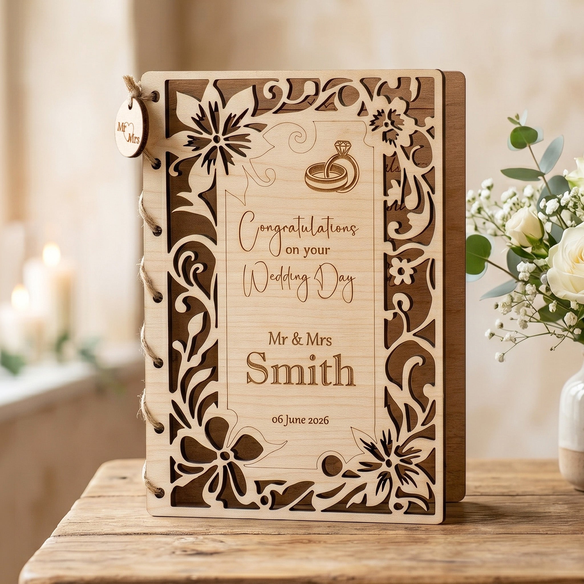 Personalised Wooden Wedding Card for Bride and Groom, featuring intricate floral design and customizable names.
