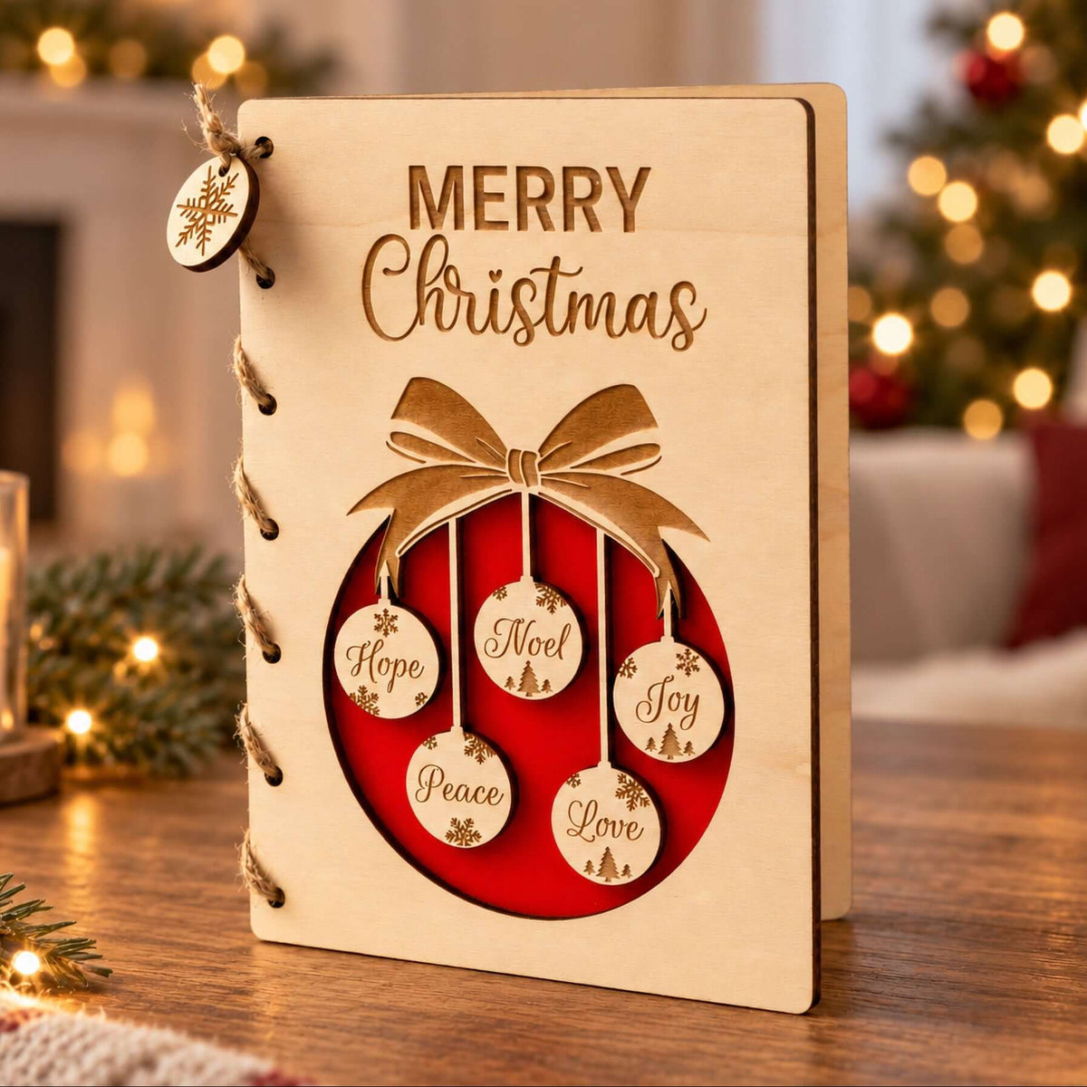 Personalised Wooden Christmas Card with Merry Christmas message and holiday-themed decorations.