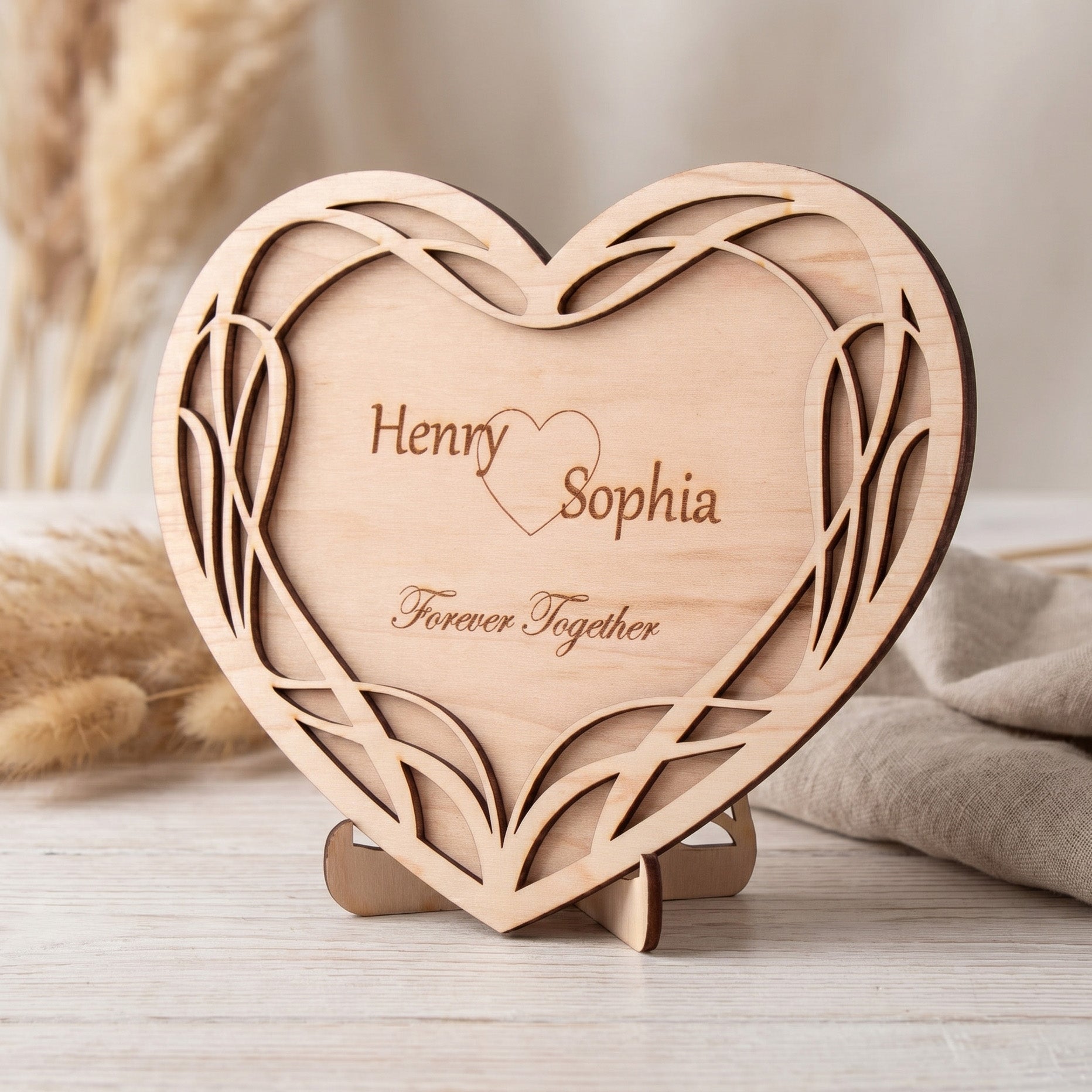 Personalised Heart Plaque featuring engraved names Henry and Sophia, highlighting love with 'Forever Together' inscription.