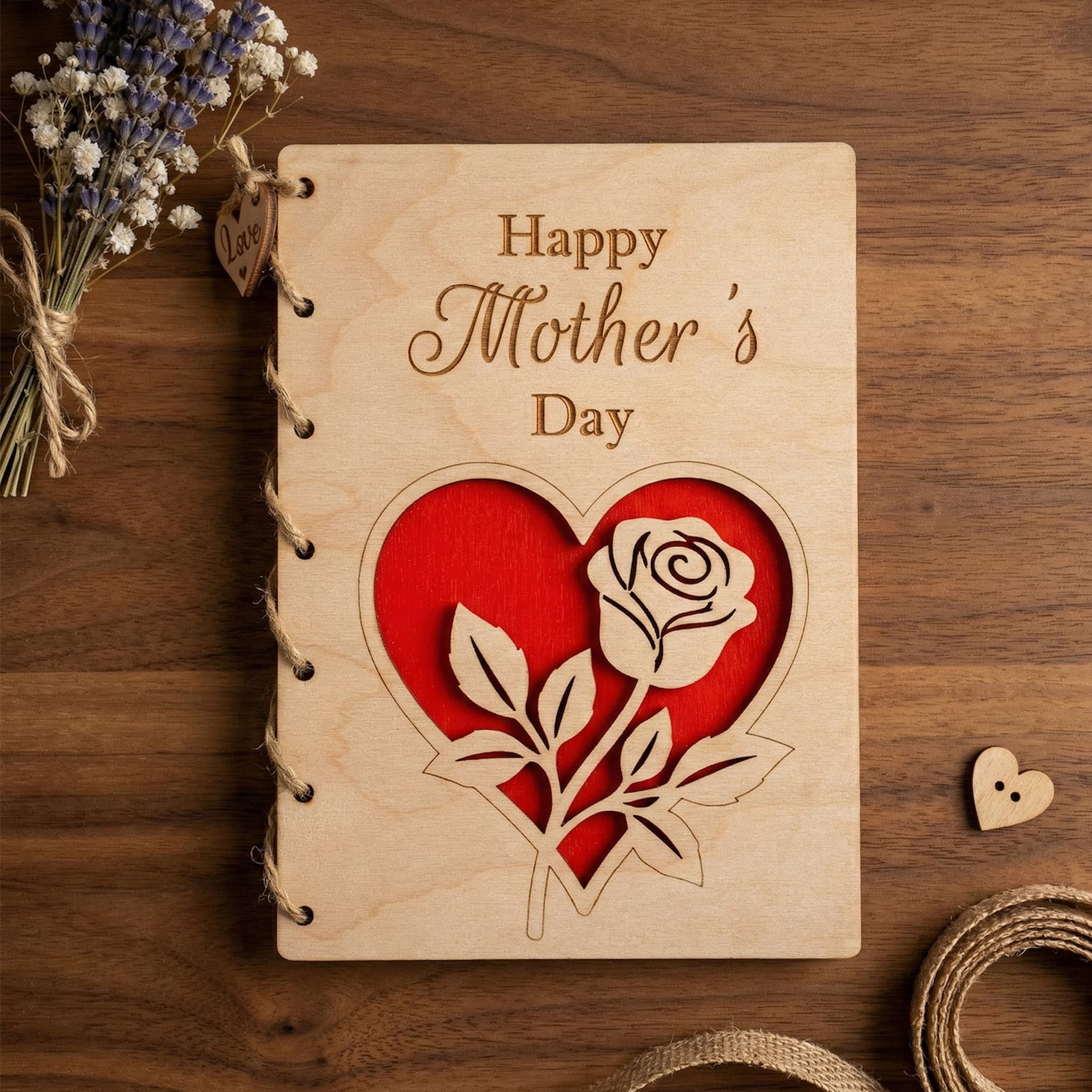 Personalised Wooden Mother's Day Card with red rose design and heartfelt message, perfect for celebrating moms.
