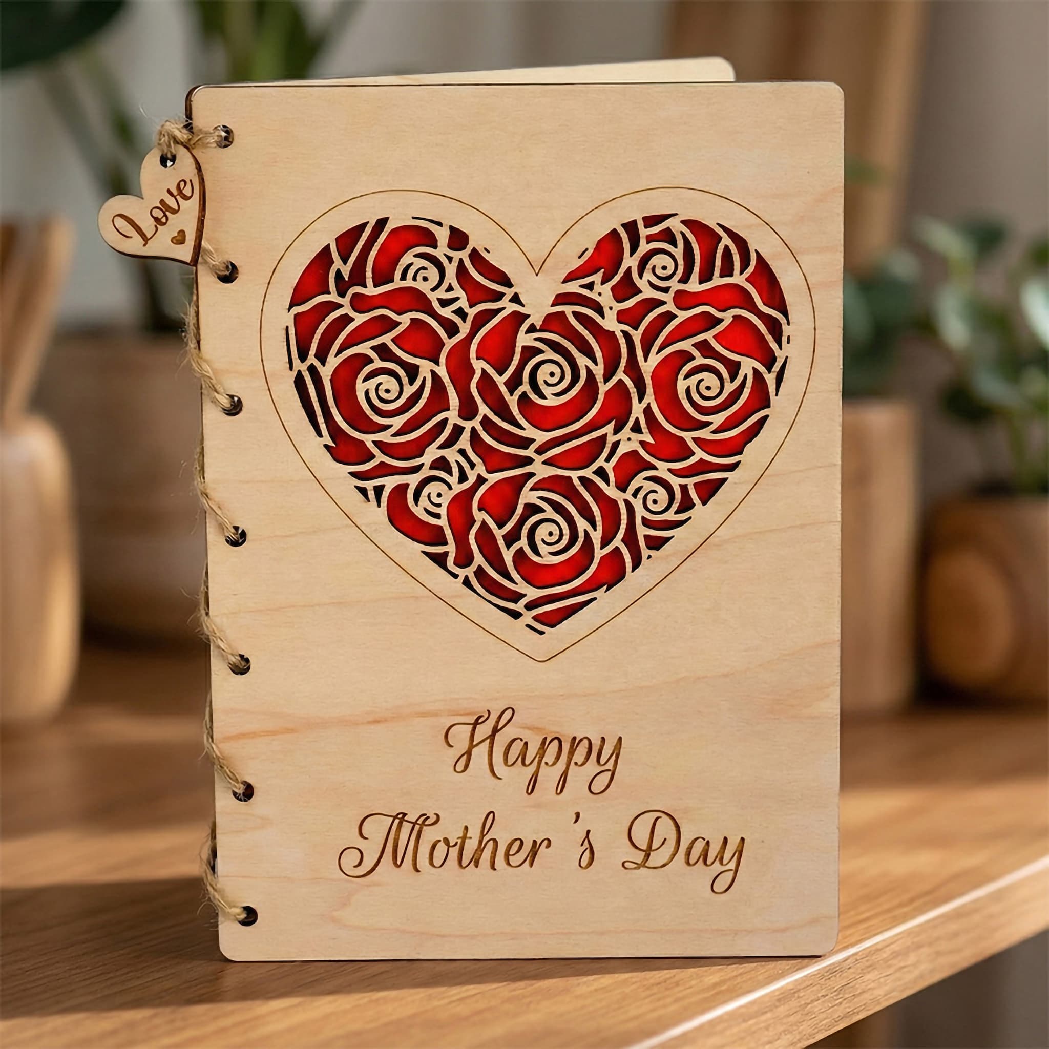Personalised Wooden Mother's Day Card featuring a red rose heart design with "Happy Mother's Day" engraved.