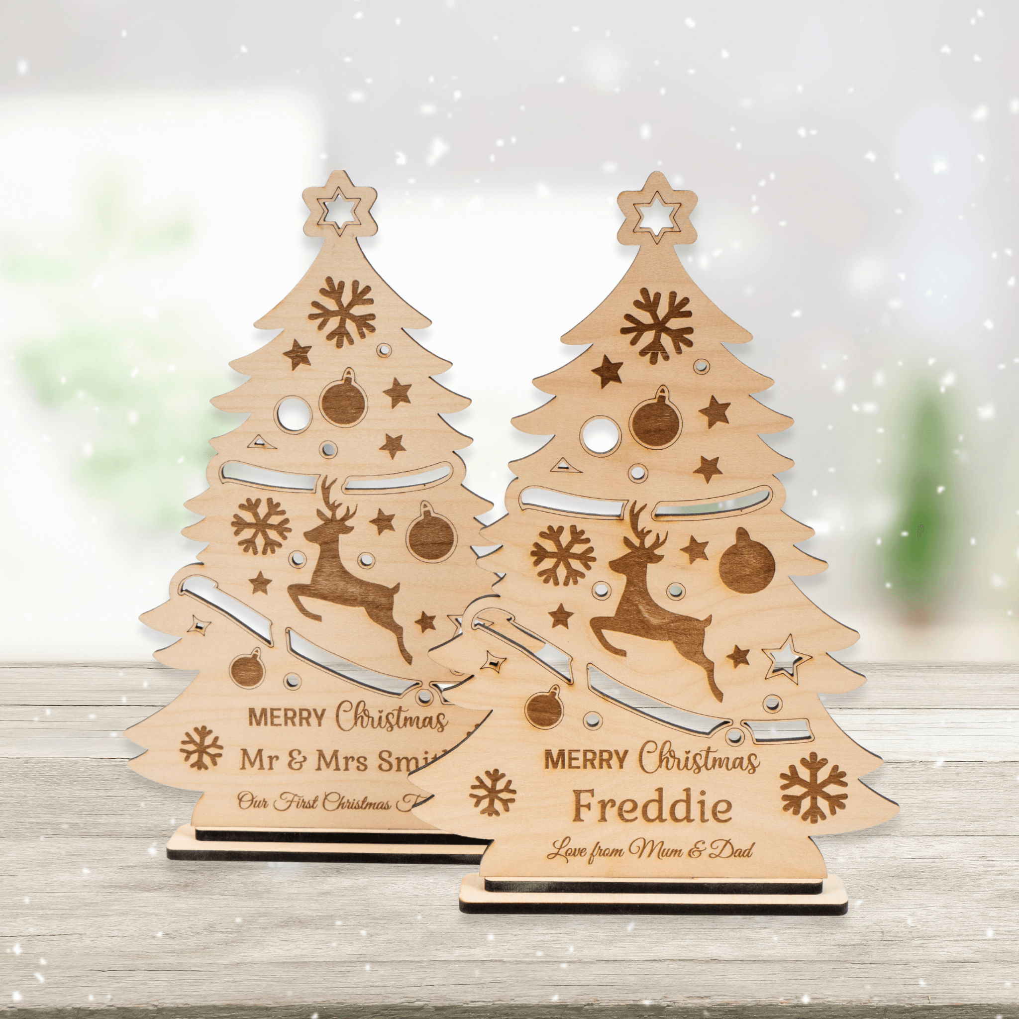 Personalised Christmas tree ornament - wooden tree decoration with reindeer and snowflakes for mantel or shelf