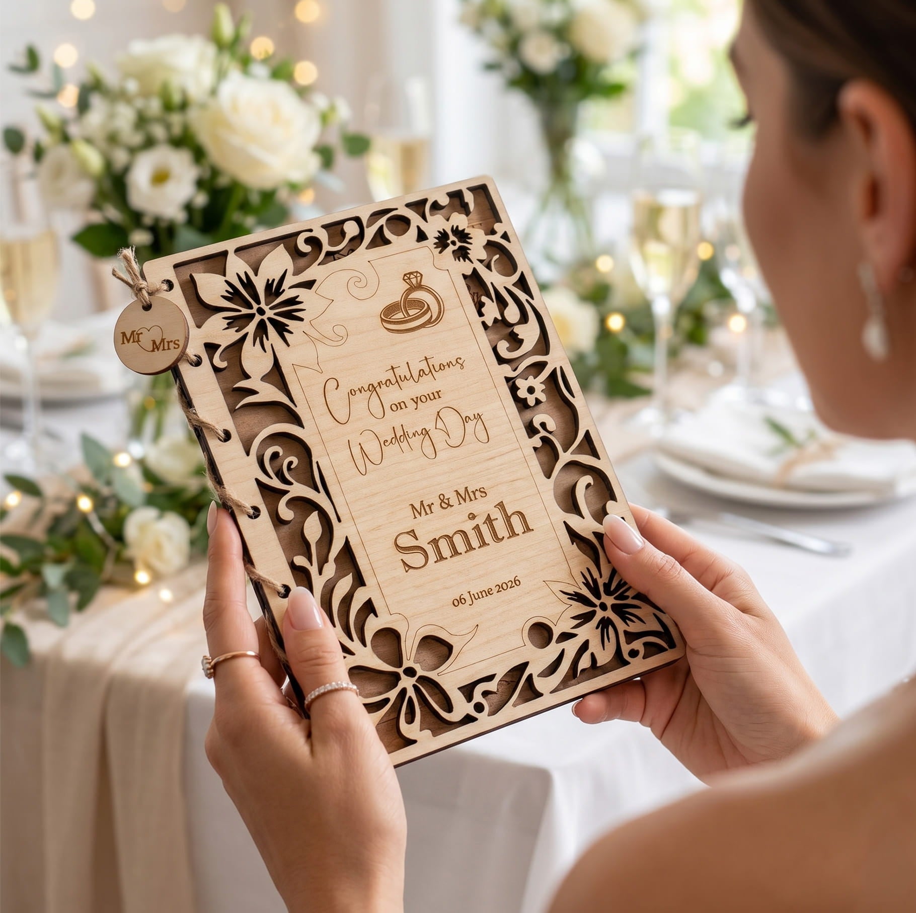 Personalised Wooden Wedding Card held by a bride, celebrating her wedding day with elegant decor.