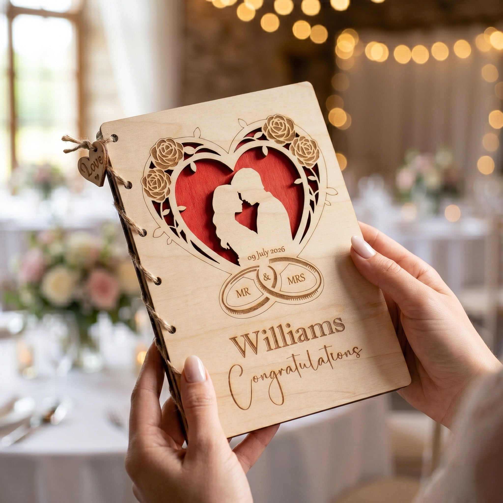 Personalised wooden wedding card with couple silhouette, elegant home décor, celebrating love and memories.