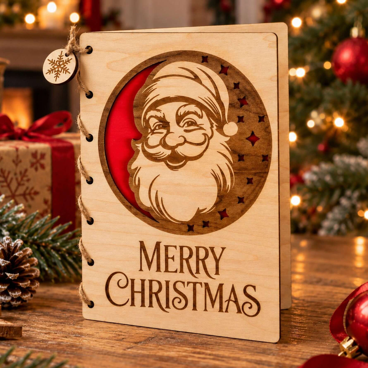 Personalised Wooden Christmas Card featuring engraved Santa design and Merry Christmas message.