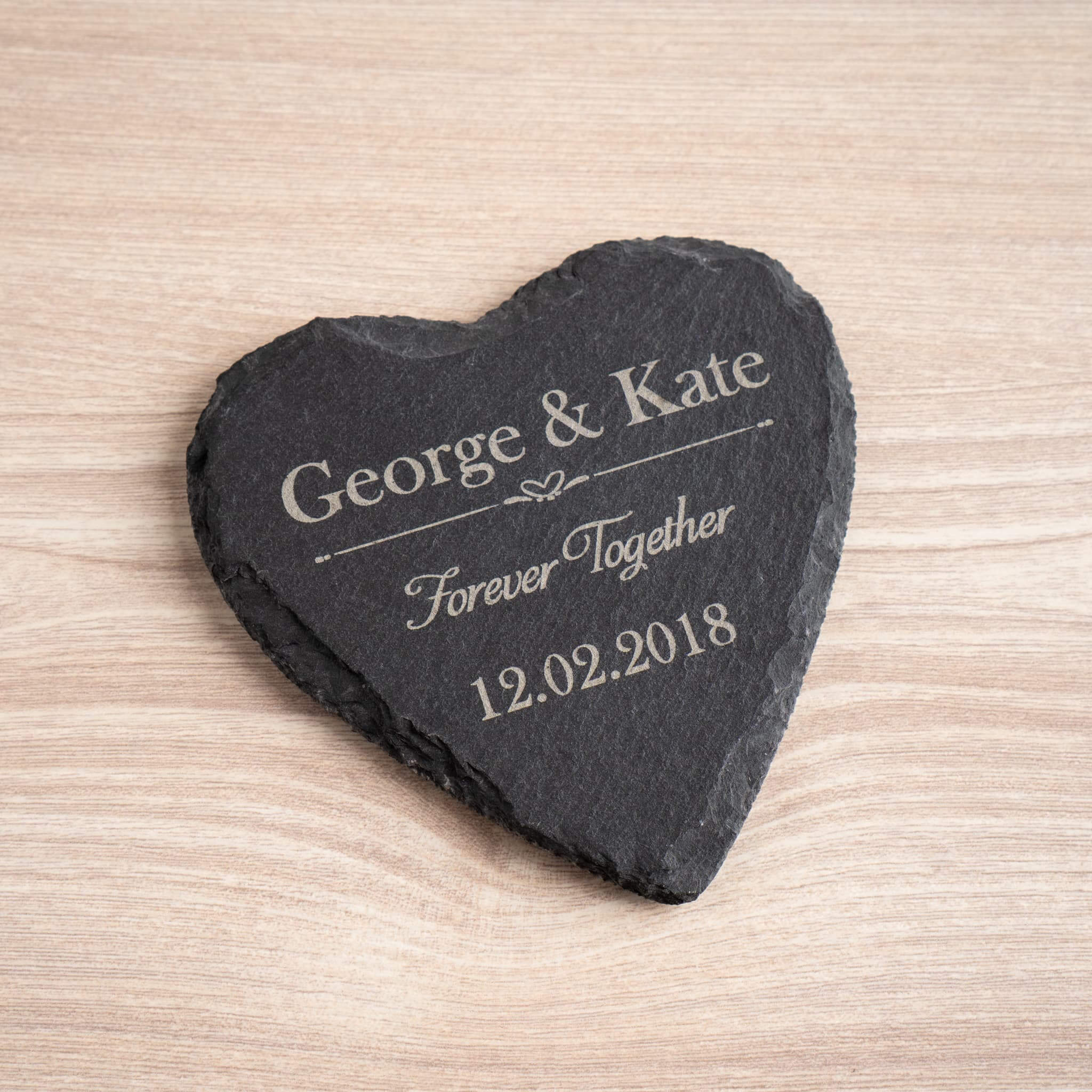 Personalised anniversary gift - heart slate coaster engraved with George & Kate, Forever Together, 12.02.2018.