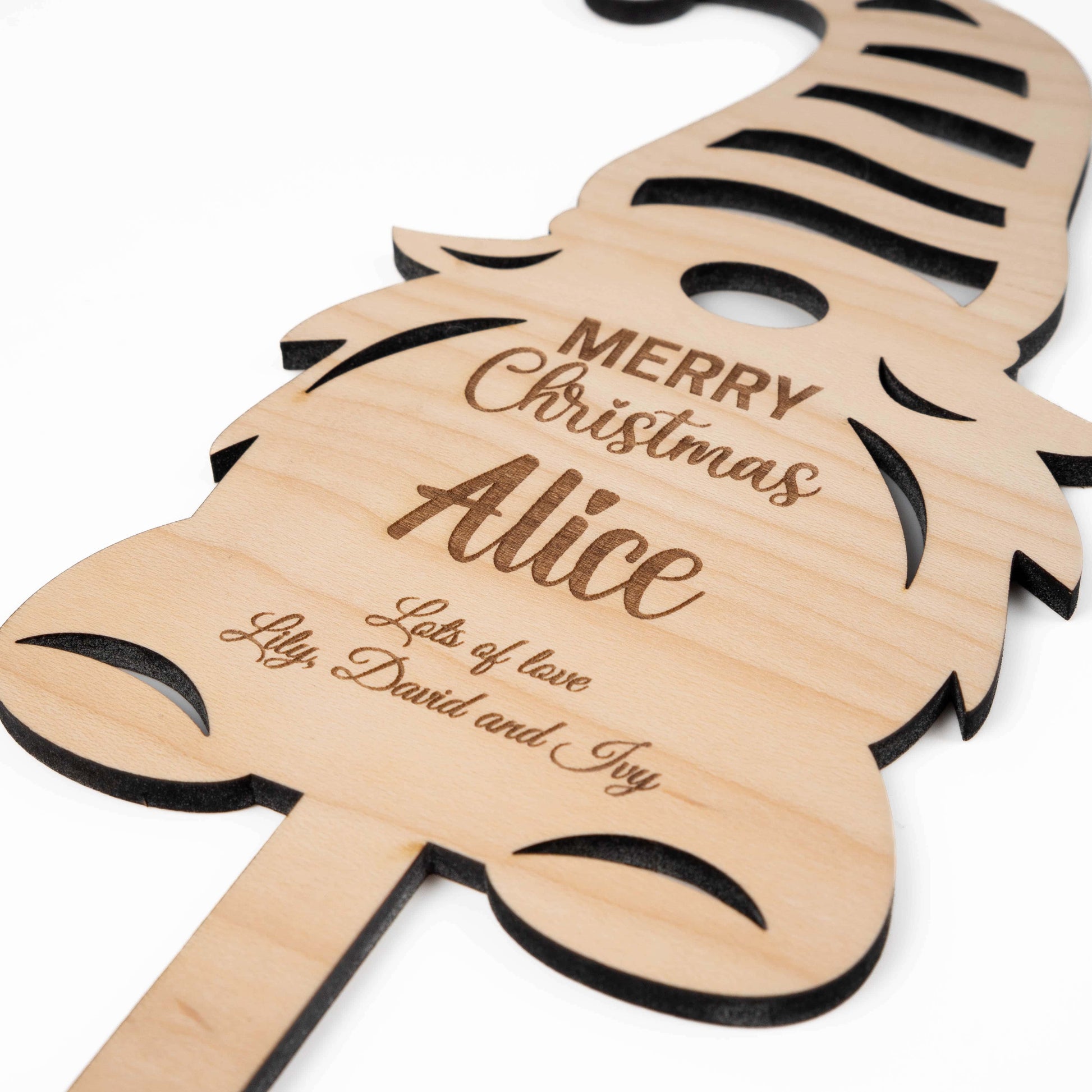 Personalised Christmas Elf wooden sign with the name Alice and festive message for indoor planter or garden stake.
