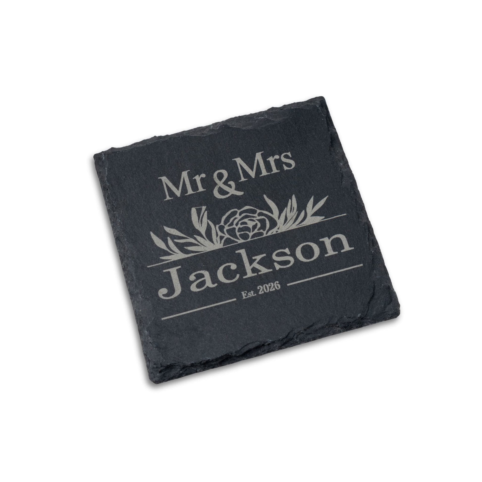 Personalised Coaster for Couples - Slate design featuring Mr & Mrs Jackson, perfect wedding or anniversary gift.