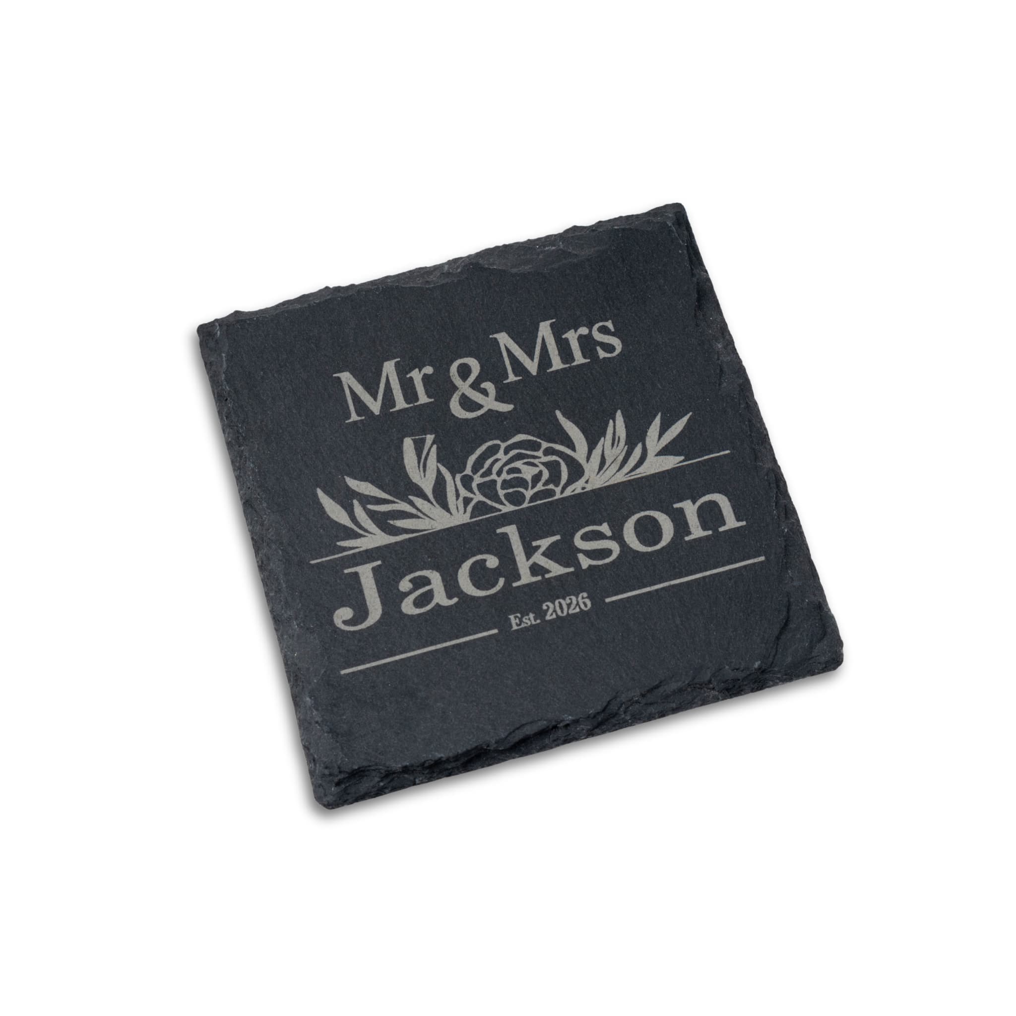 Personalised Coaster for Couples - Slate design featuring Mr & Mrs Jackson, perfect wedding or anniversary gift.