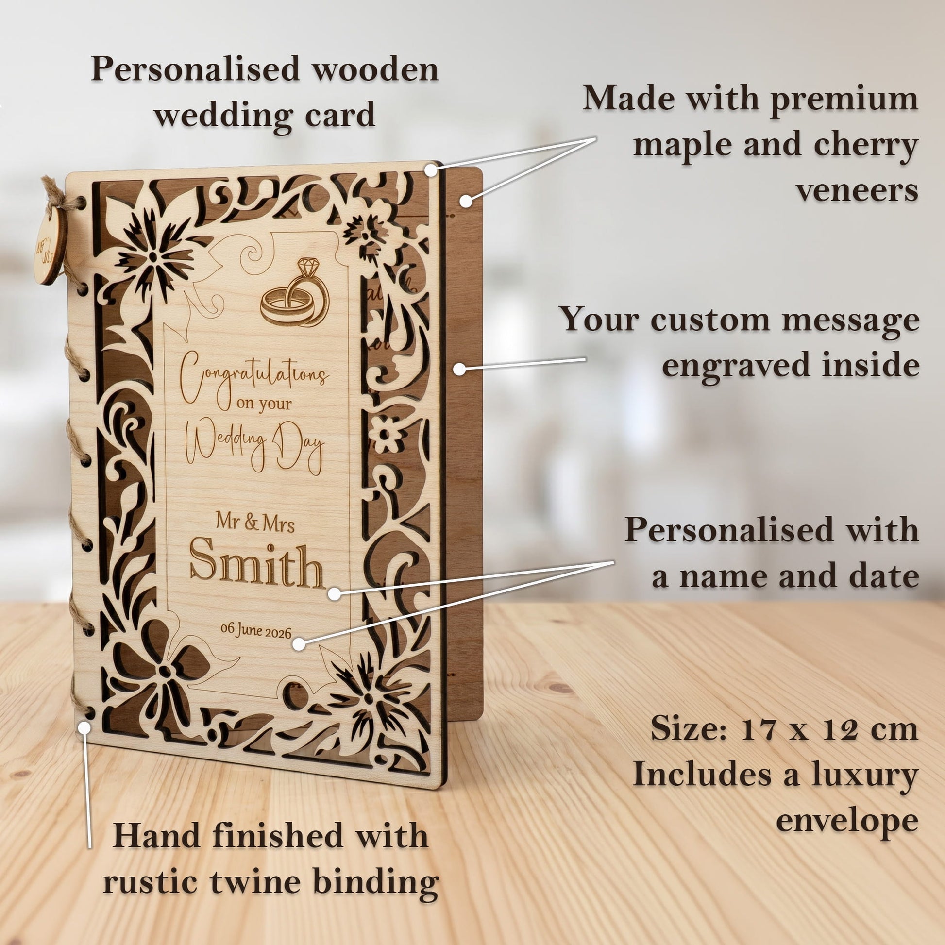 Personalised Wooden Wedding Card with engraved couple's names and floral design, made from premium wood and twine.