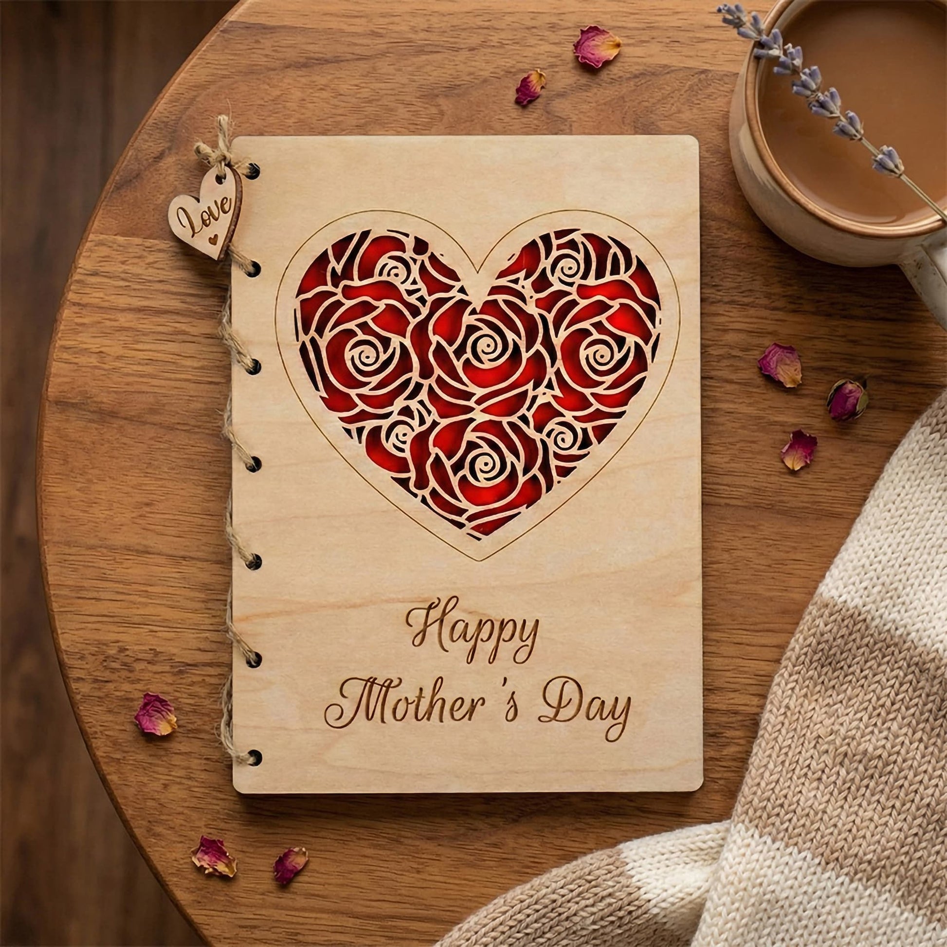 Personalised Wooden Mother's Day Card featuring a red rose heart design and the message 'Happy Mother's Day'.