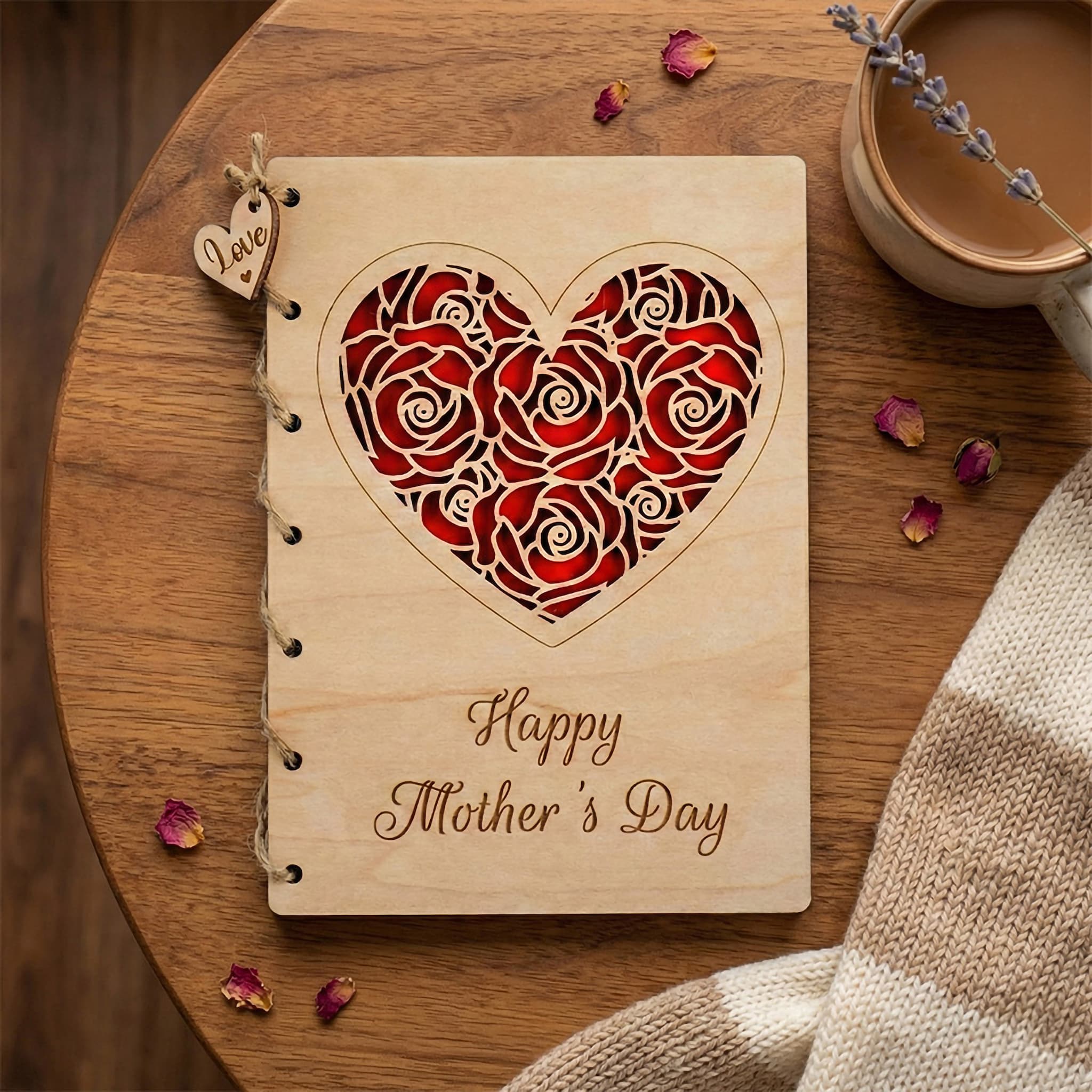 Personalised Wooden Mother's Day Card featuring a red rose heart design and the message 'Happy Mother's Day'.