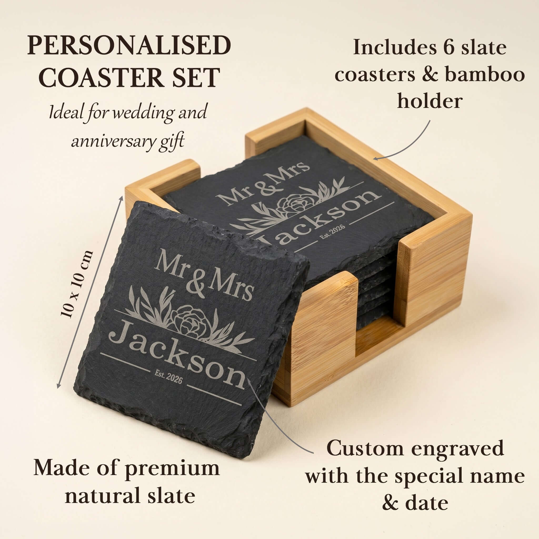 Personalised Slate Coaster Set with holder, ideal wedding and anniversary gift, includes 6 coasters, custom engraved.