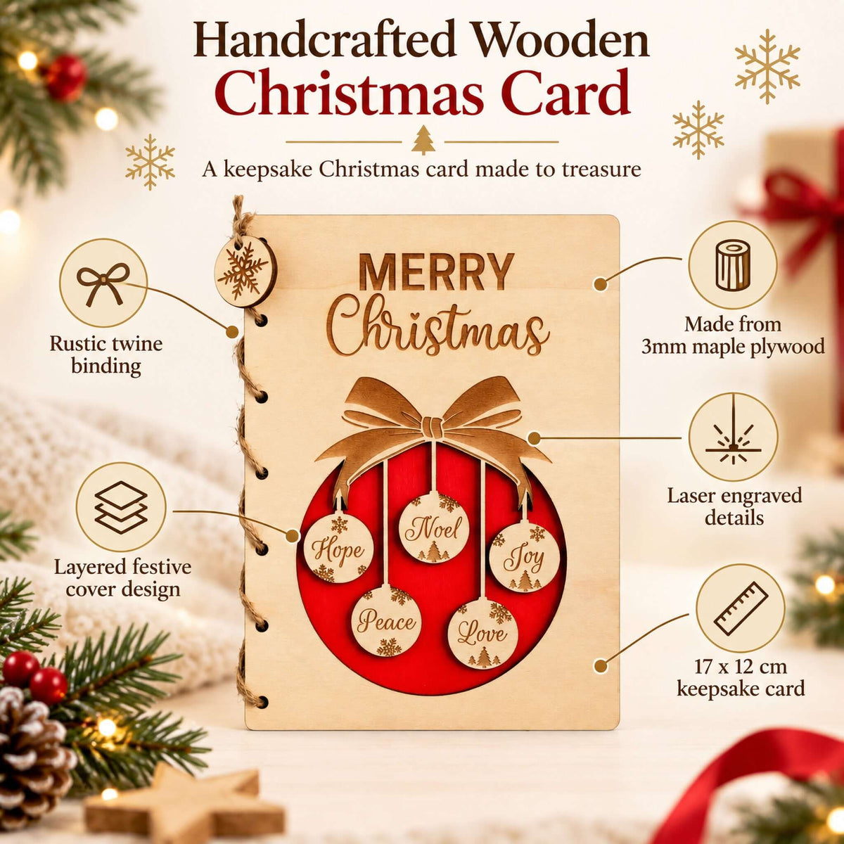Personalised Wooden Christmas Card featuring intricate engravings and rustic design, perfect as a keepsake gift.