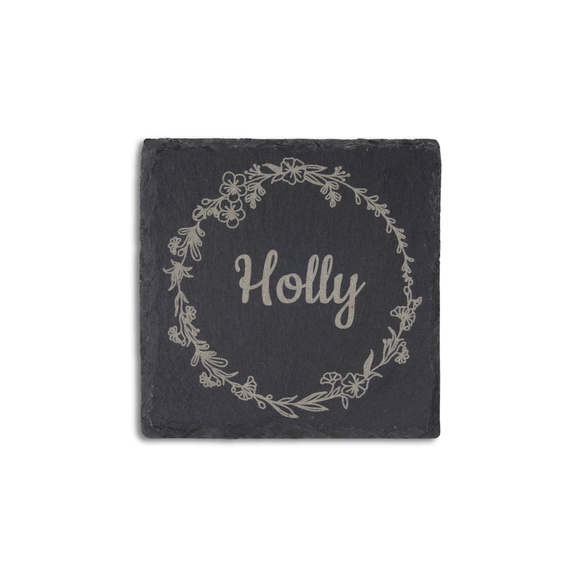 Personalised Slate Coaster for a Special Person with name 'Holly' in floral design.