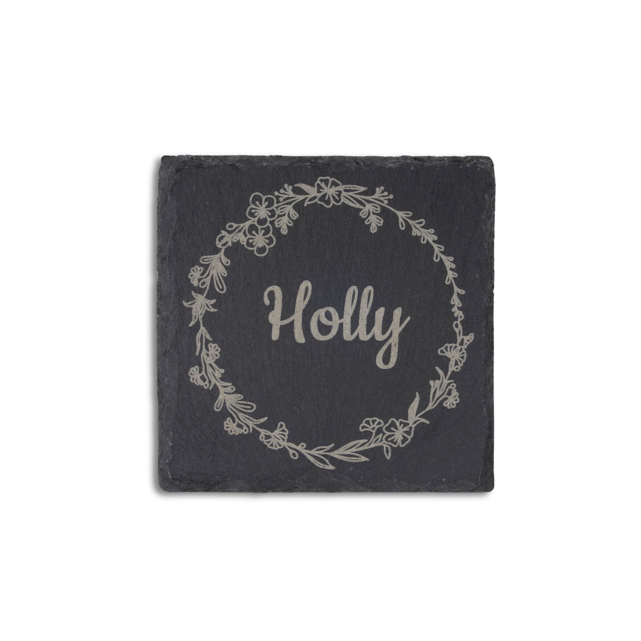 Personalised Slate Coaster for a Special Person with name 'Holly' in floral design.