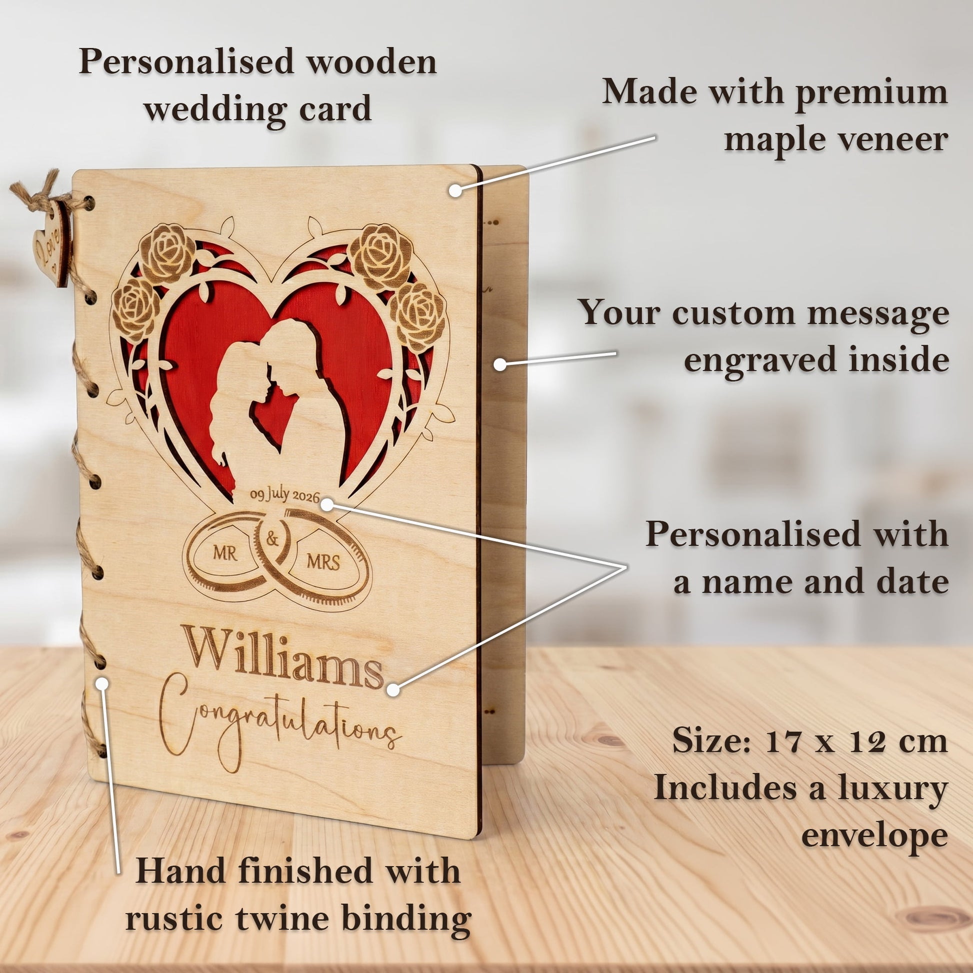 Personalised wooden wedding card made from premium maple veneer with custom engraving and rustic twine binding.