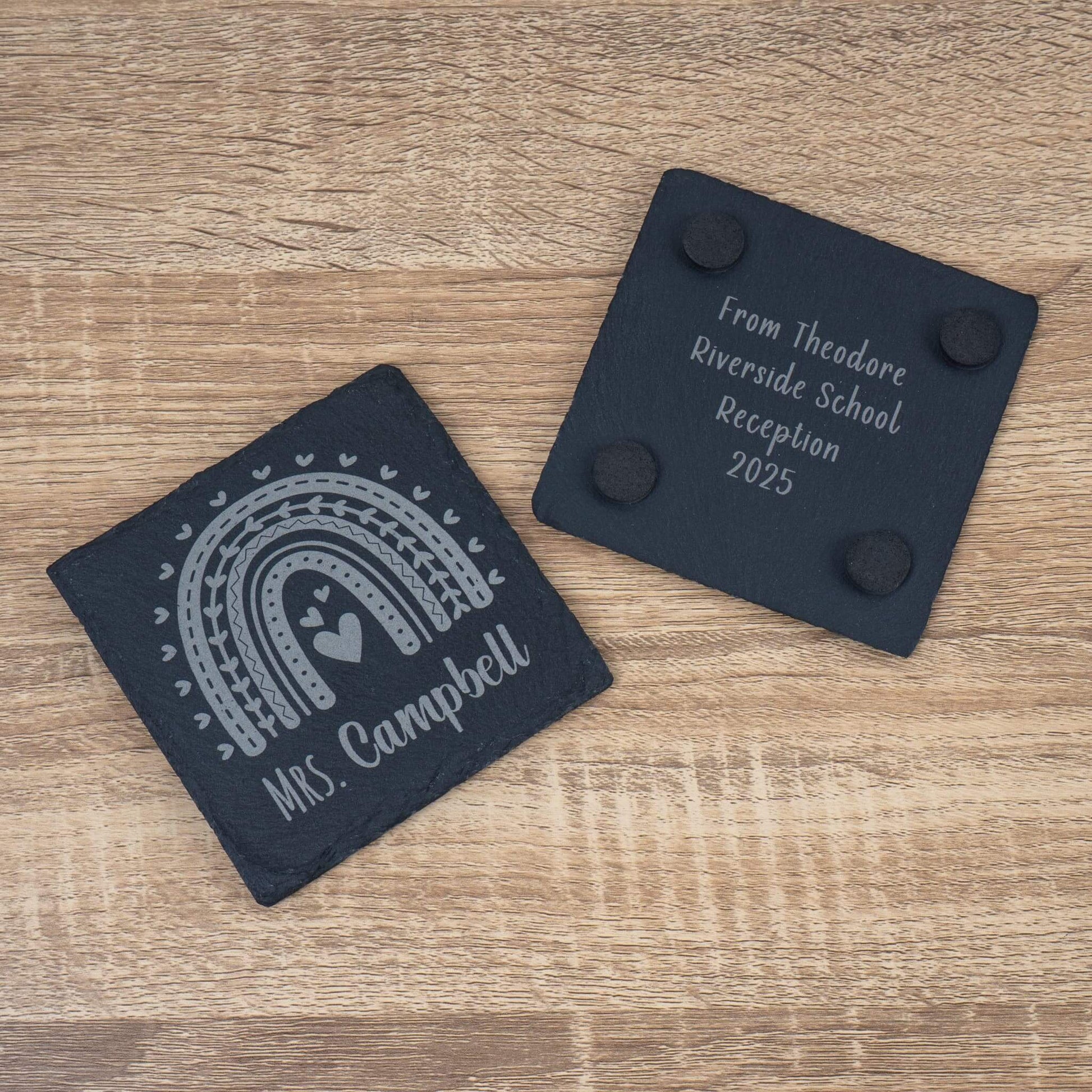 Personalised teacher slate coaster with rainbow design, perfect unique teacher gift for appreciation.