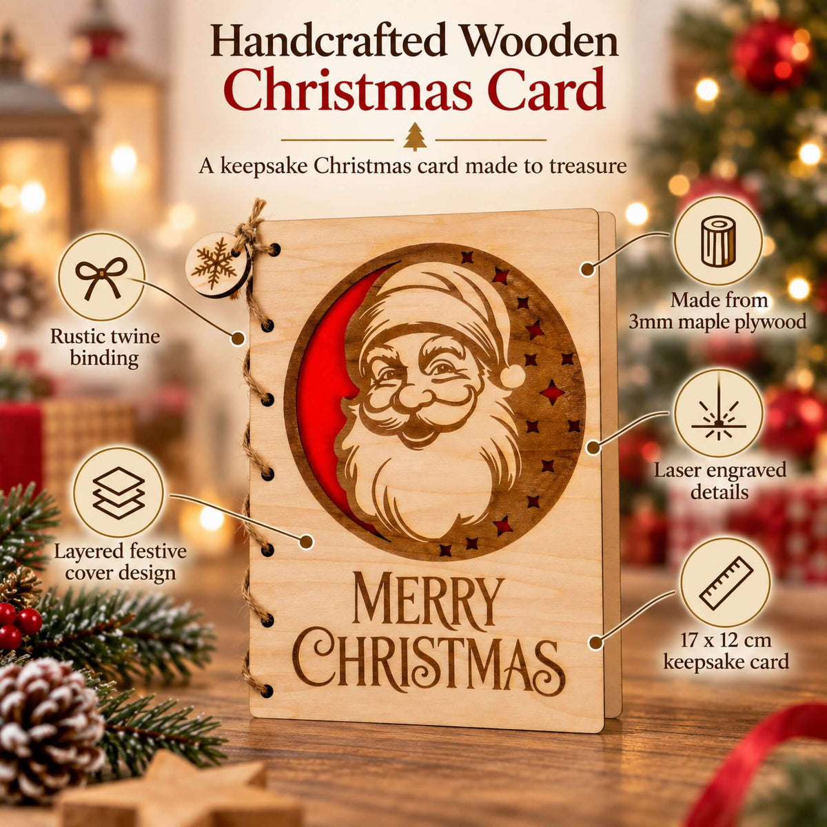 Personalised Wooden Christmas Card featuring a Santa design, crafted from maple plywood with intricate laser engravings.