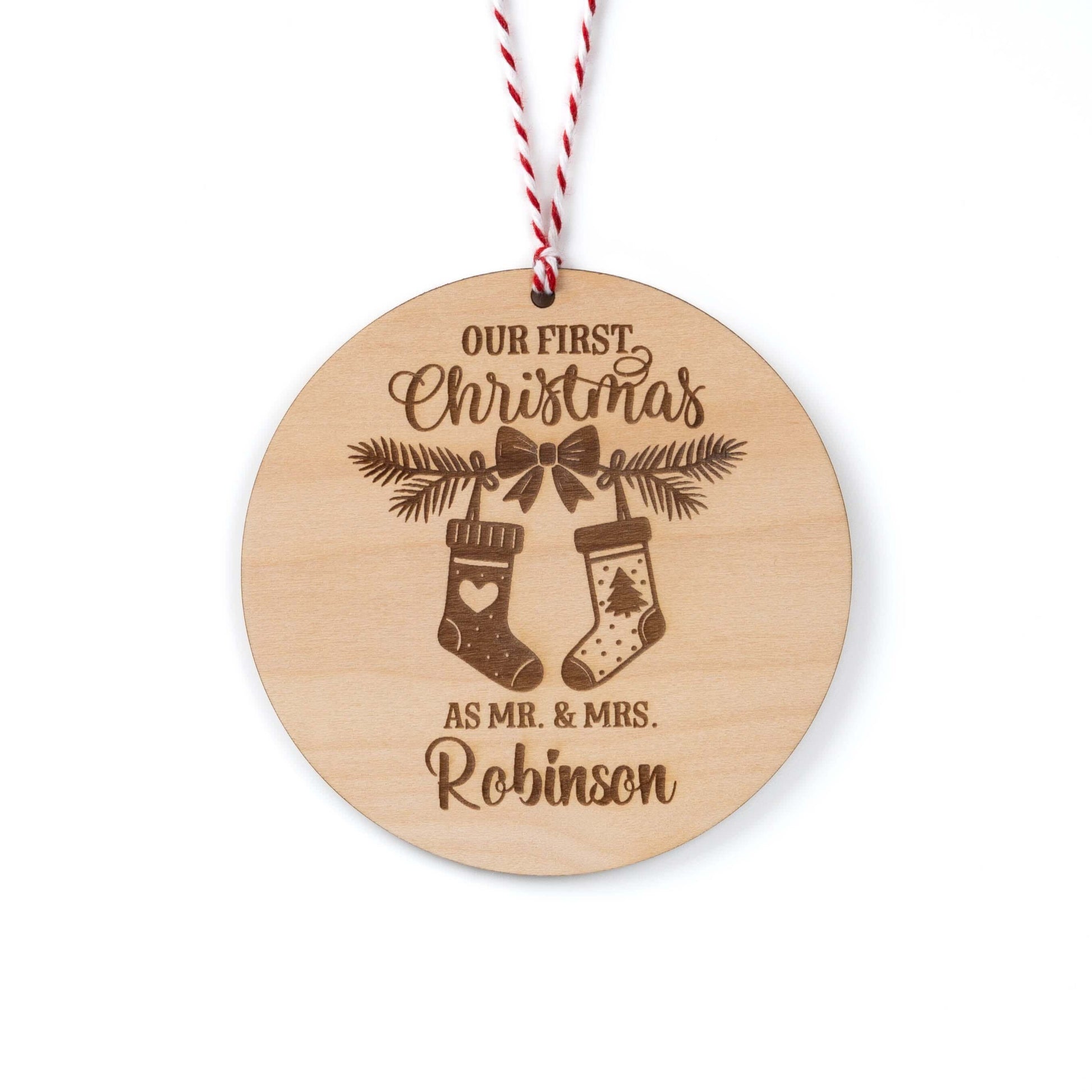 Personalised Couples Christmas Ornament - wooden tree bauble with stockings and names.