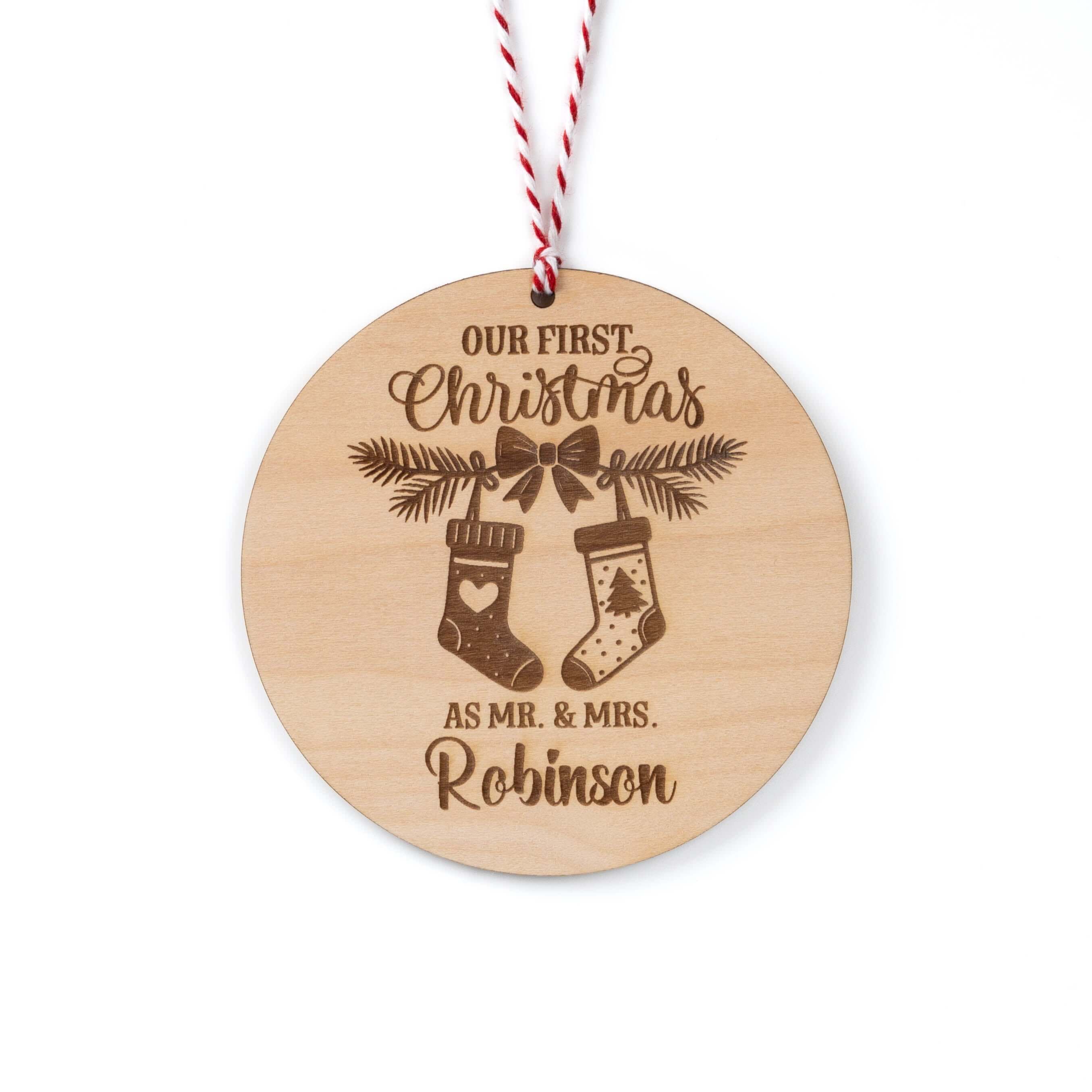 Personalised Couples Christmas Ornament - wooden tree bauble with stockings and names.