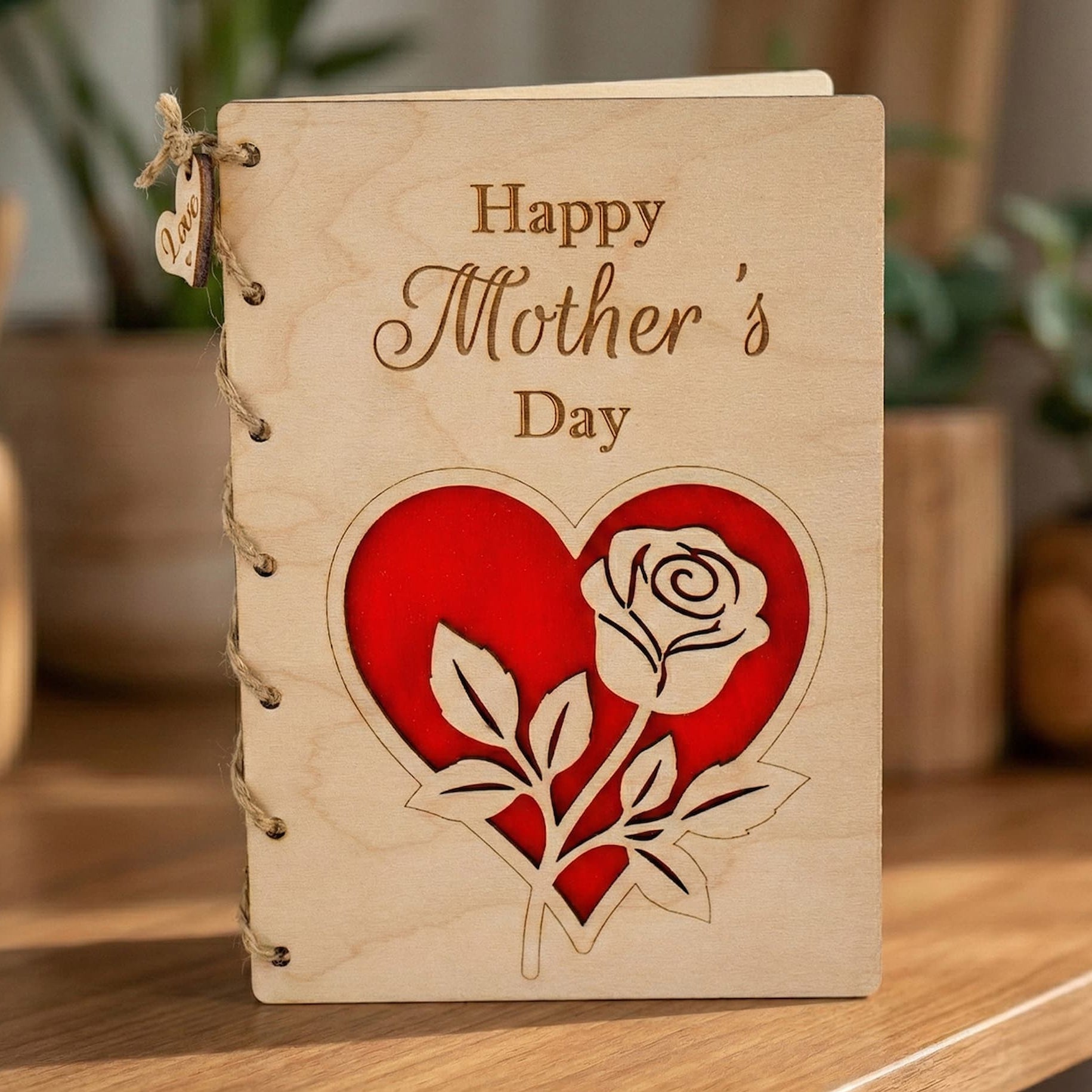 Personalised Wooden Mother's Day Card featuring a red rose design and heartfelt message.