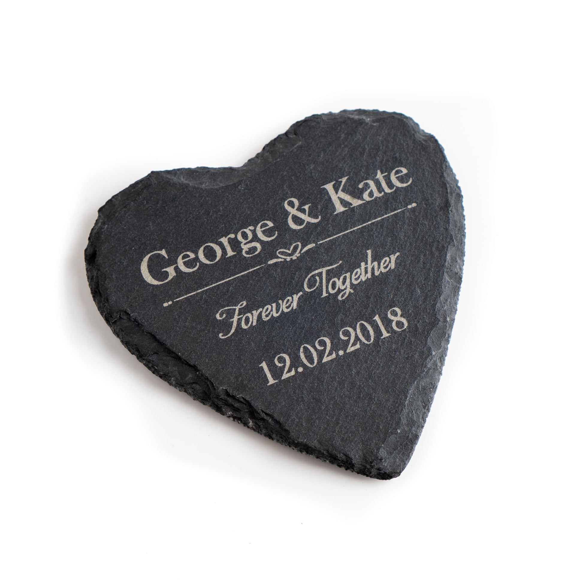 Personalised anniversary gift heart slate coaster engraved with names and date for a romantic touch.