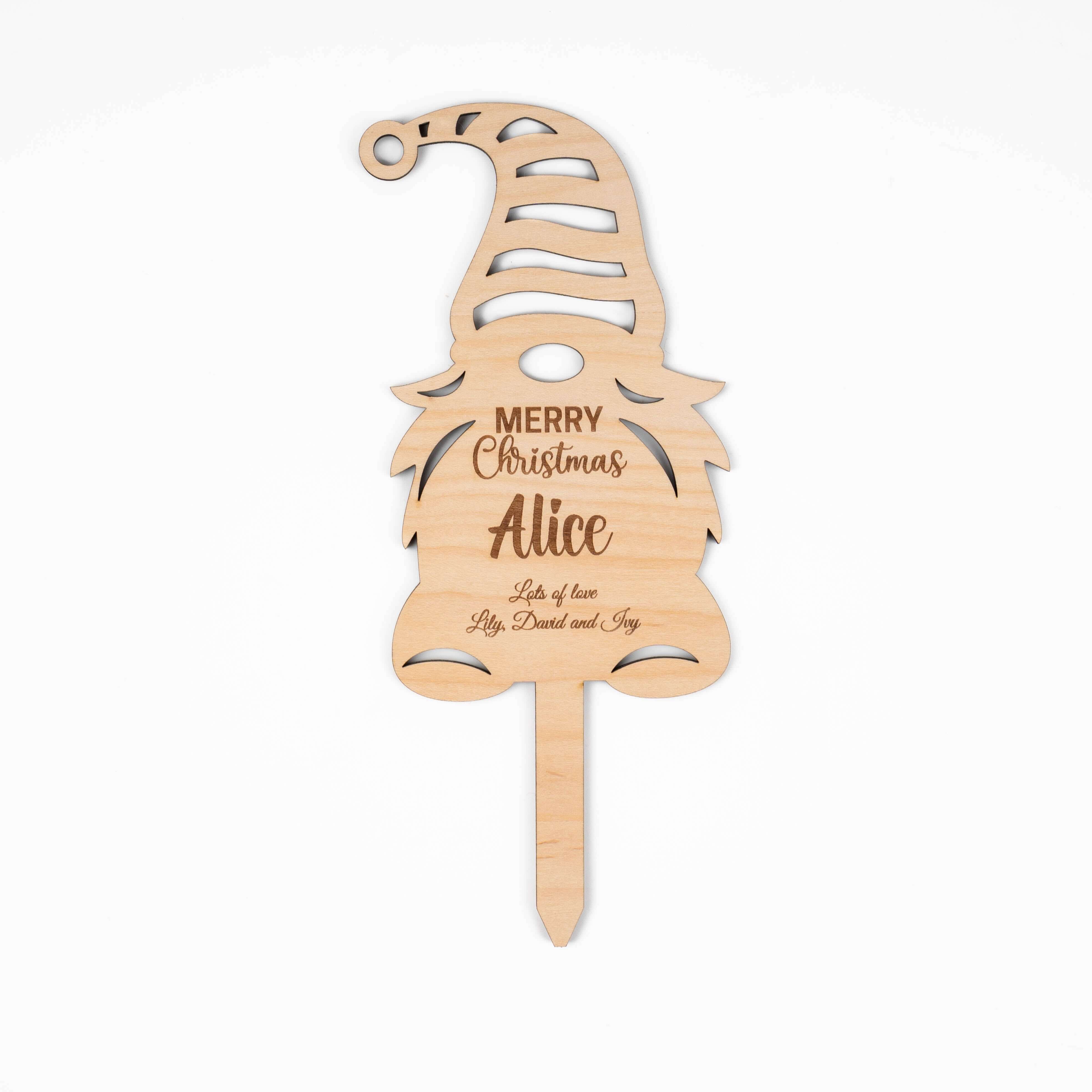 Personalised Christmas Elf Flower Pot, wooden elf sign with name and festive message, perfect for garden or indoor use.