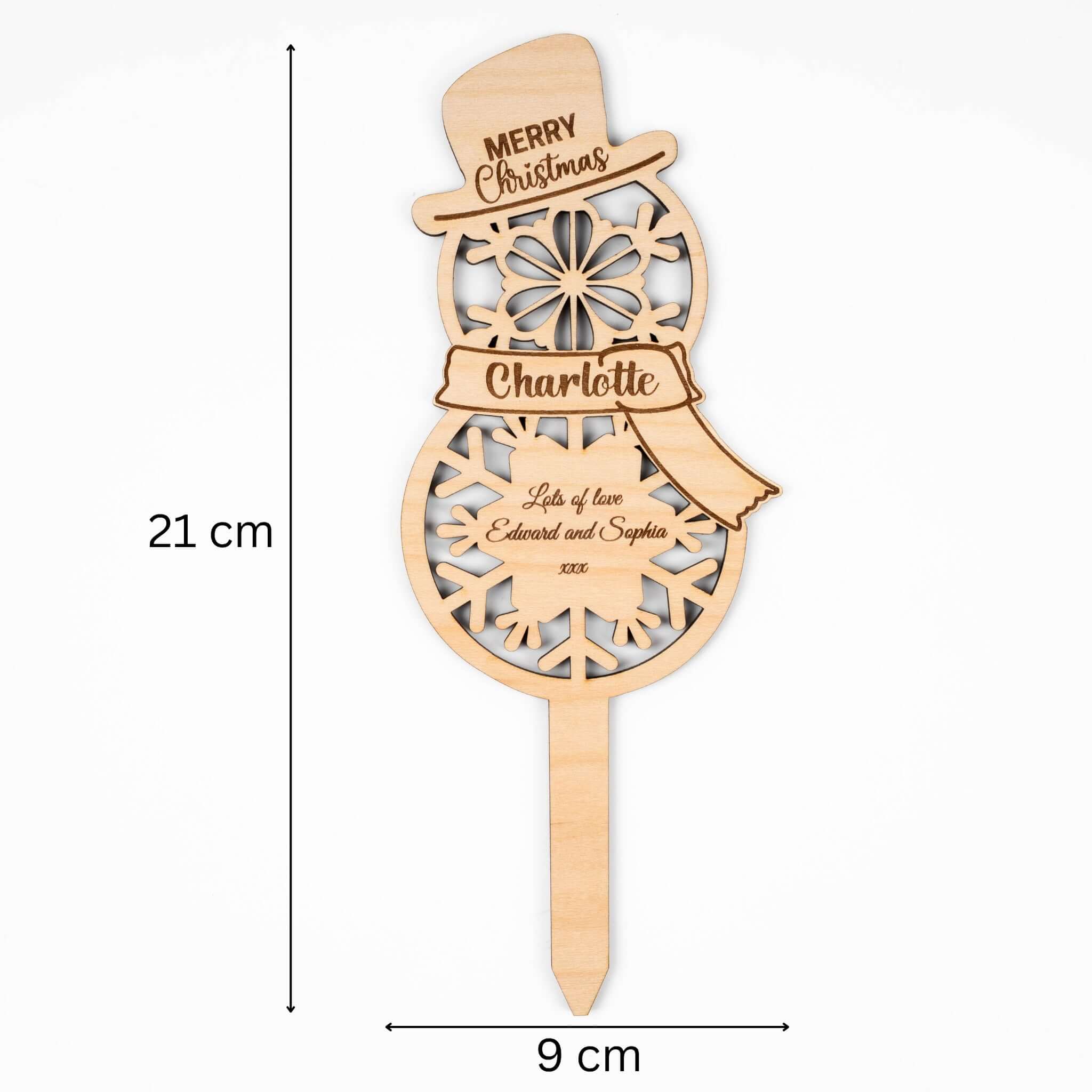 Personalised snowman Christmas flower pot sign with name and message, warm maple veneer design.