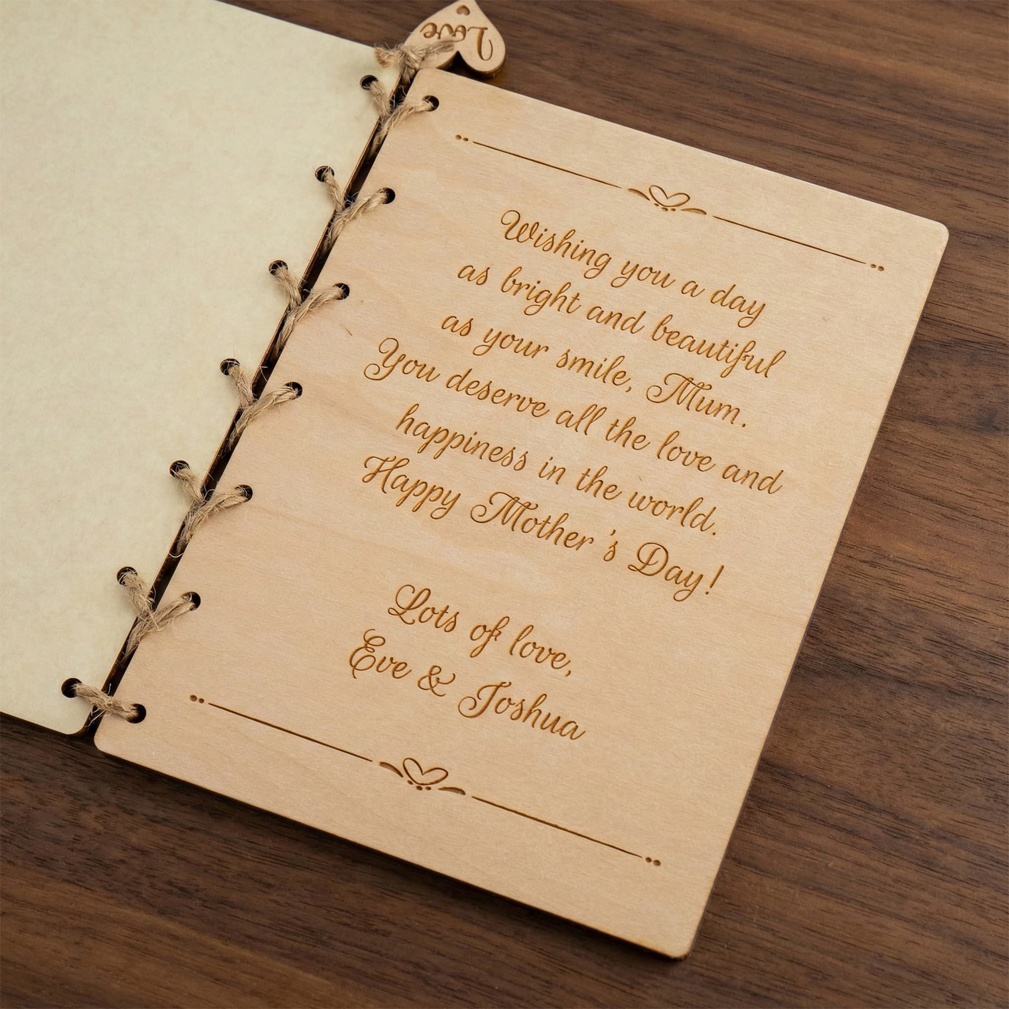 Personalised Wooden Mother's Day Card featuring heartfelt engraving for a special message to Mum.