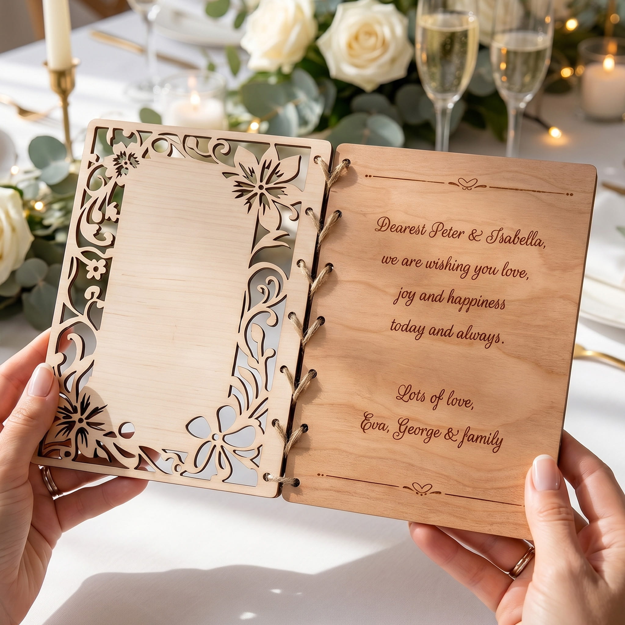 Personalised Wooden Wedding Card opened, showcasing floral design and heartfelt message for the bride and groom.