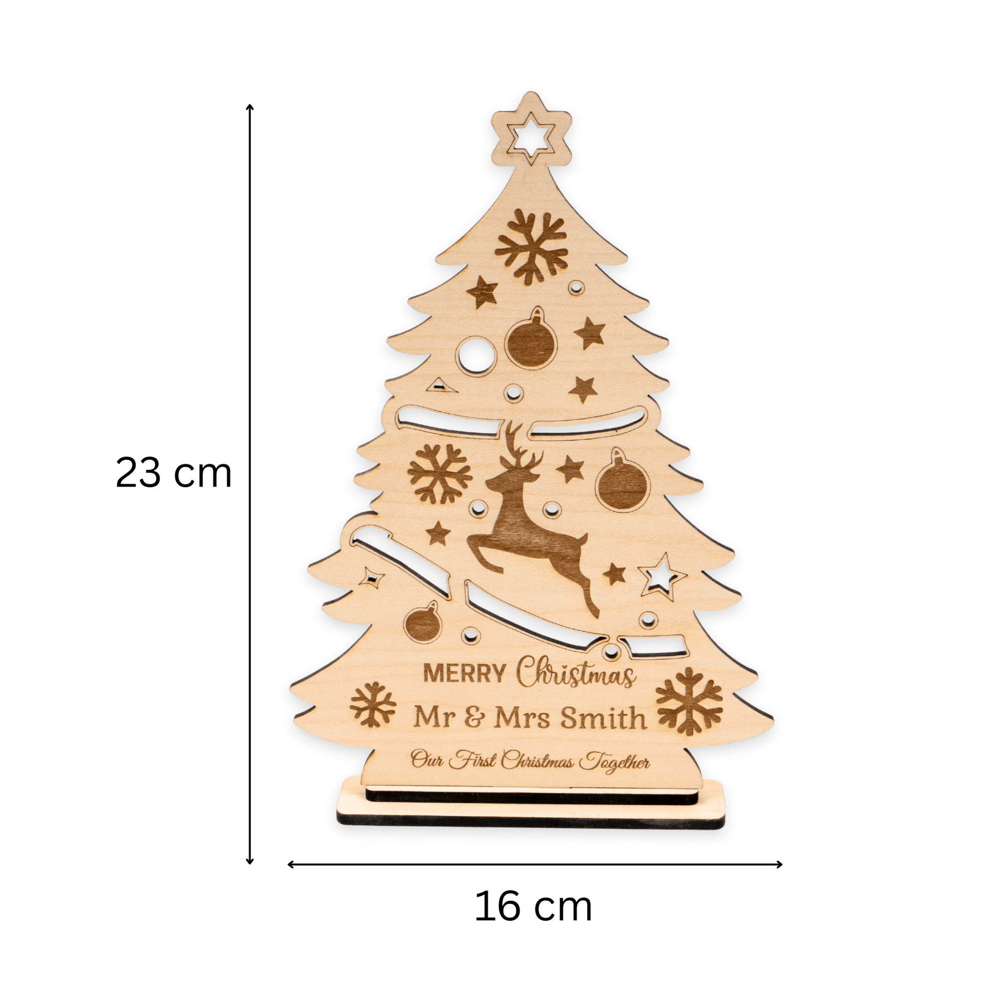 Personalised Christmas tree ornament featuring reindeer, snowflakes, and custom names, ideal for shelf decoration.