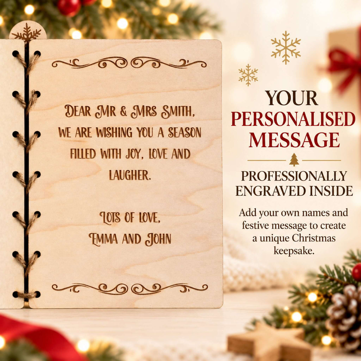 Personalised Wooden Christmas Card featuring a heartfelt engraved message and elegant design for holiday keepsake.