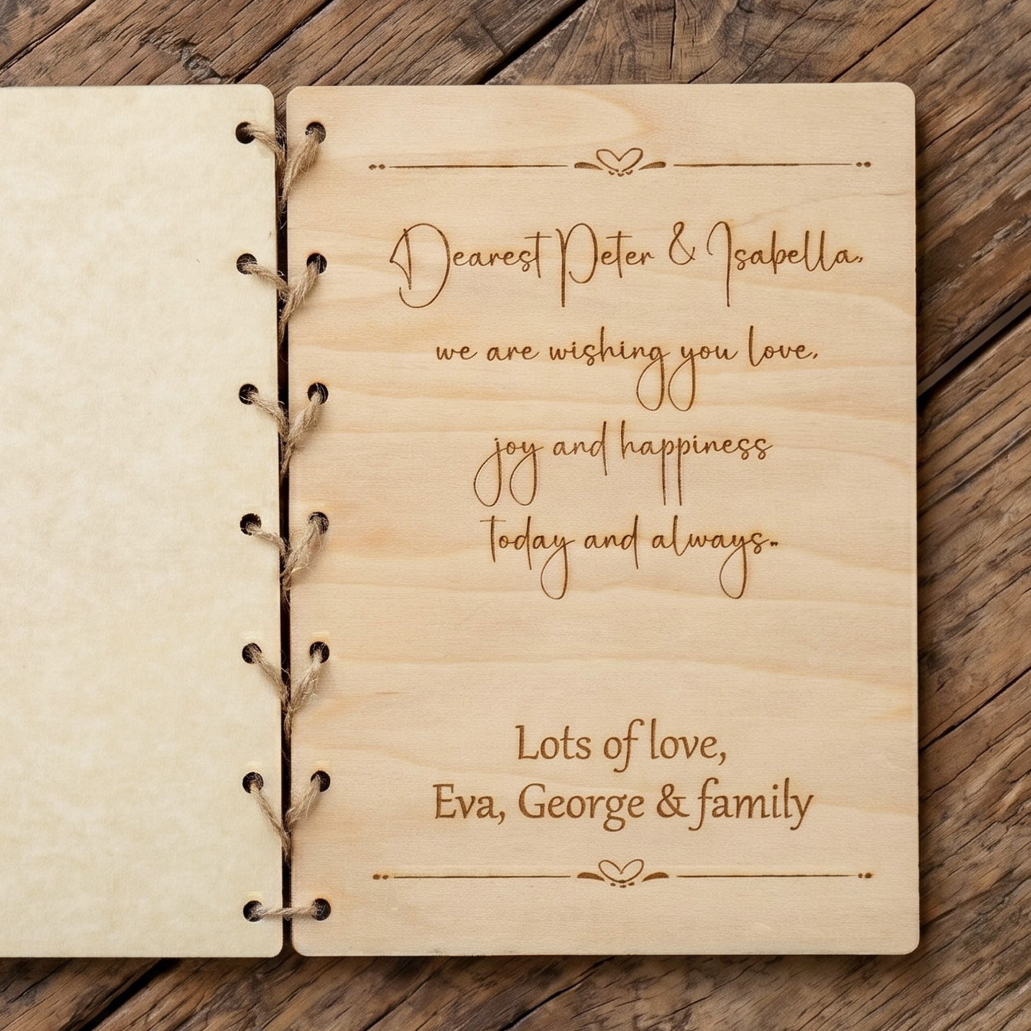 Personalised wooden wedding card with couple silhouette, featuring heartfelt message and designs for a keepsake.
