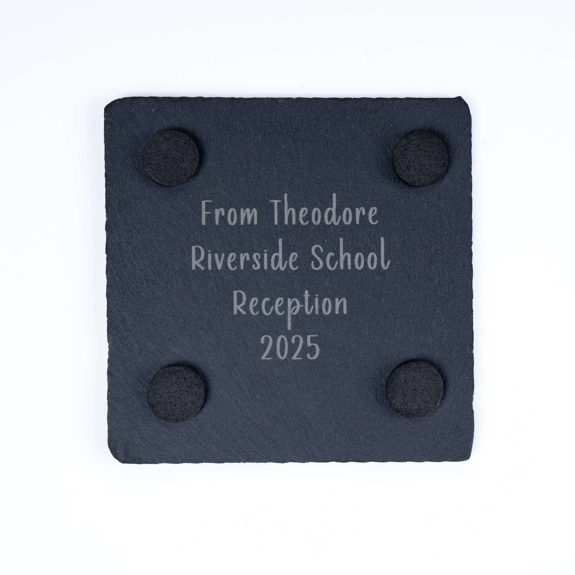 Personalised teacher slate coaster with engraved message from Theodore, Riverside School, 2025.