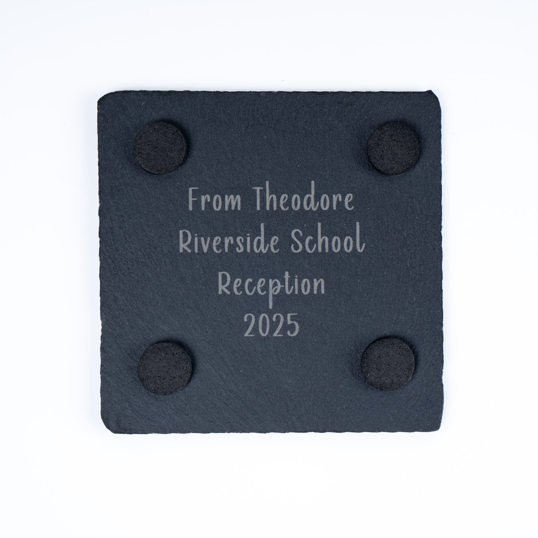 Personalised teacher slate coaster with engraved message from Theodore, Riverside School, 2025.