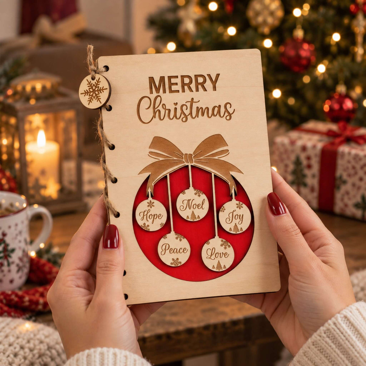 Personalised Wooden Christmas Card with engraved Merry Christmas and hanging ornaments, displayed in cozy holiday setting.