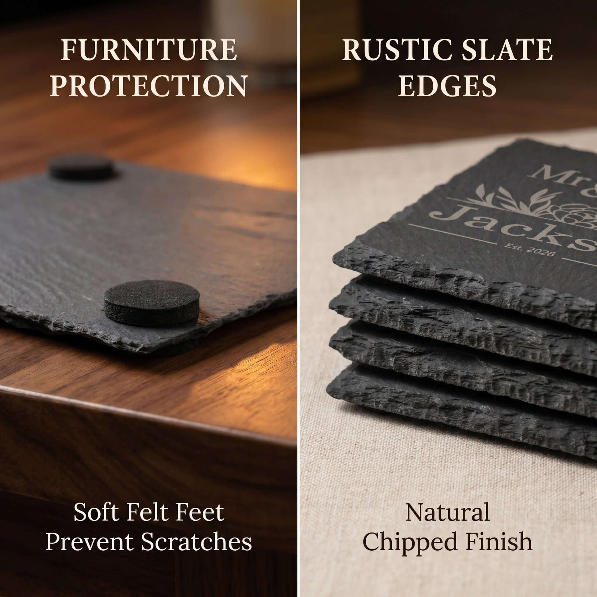 Personalised Slate Coaster Set showcasing furniture protection and rustic slate edges, highlighting natural chipped finish.