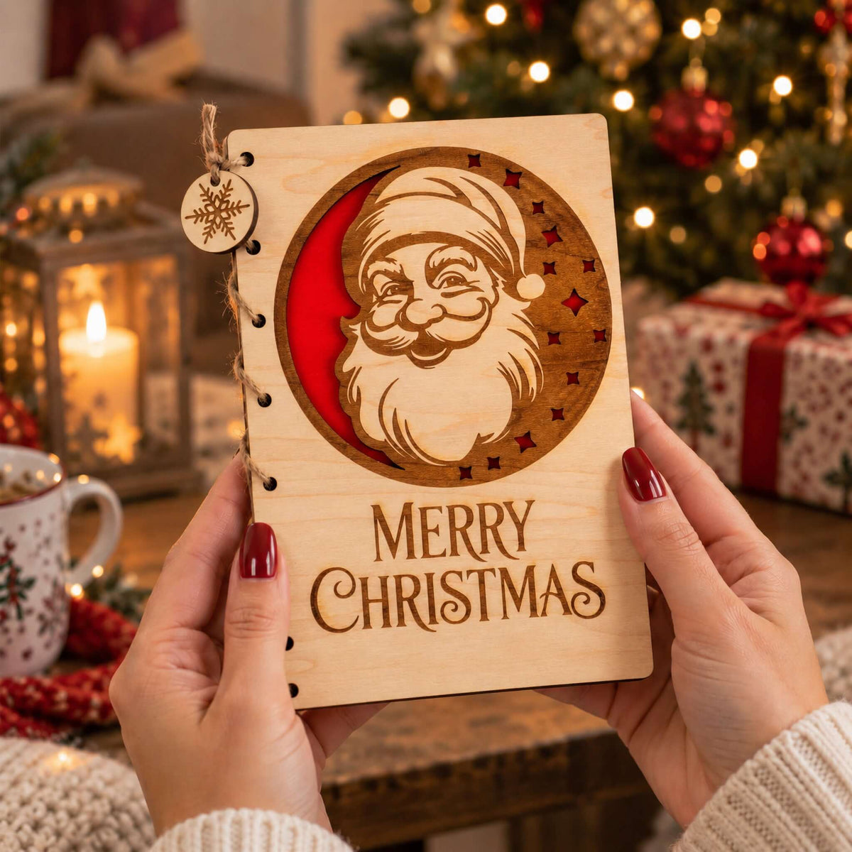 Personalised Wooden Christmas Card featuring engraved Santa design and text 'MERRY CHRISTMAS' displayed at holiday setting.