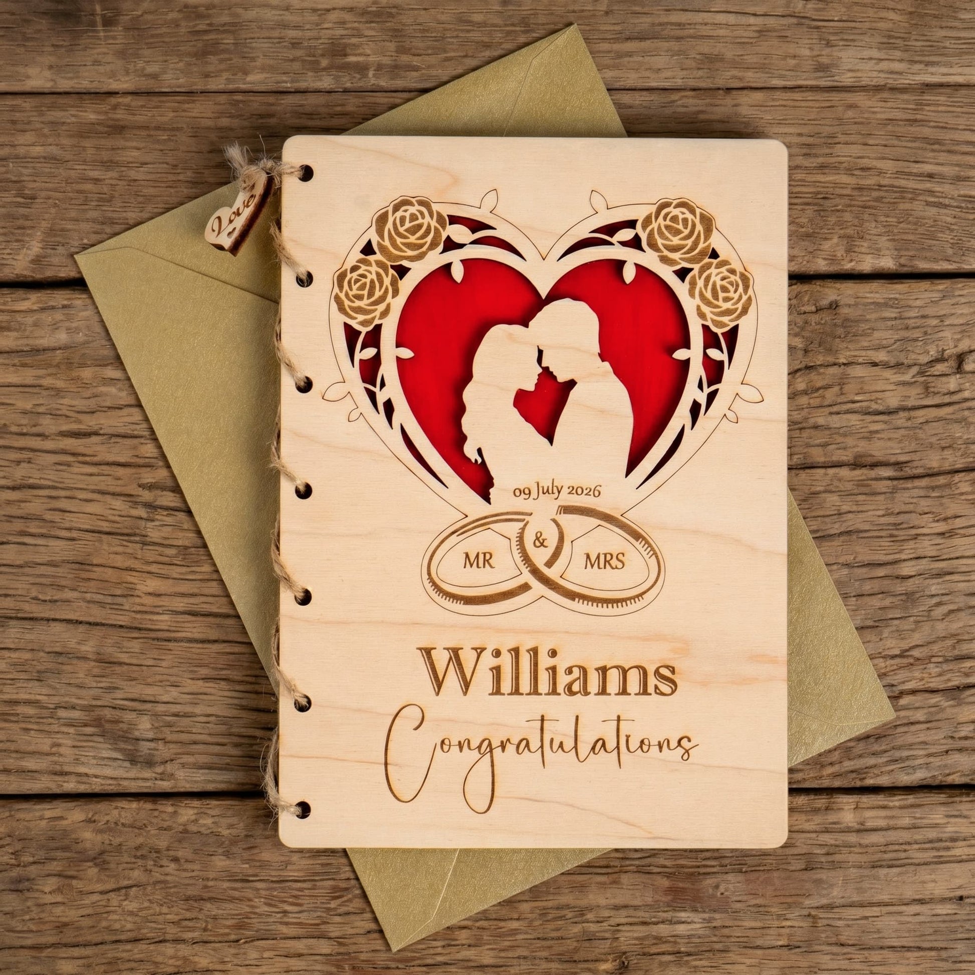 Personalised wooden wedding card featuring couple silhouette and romantic heart design.