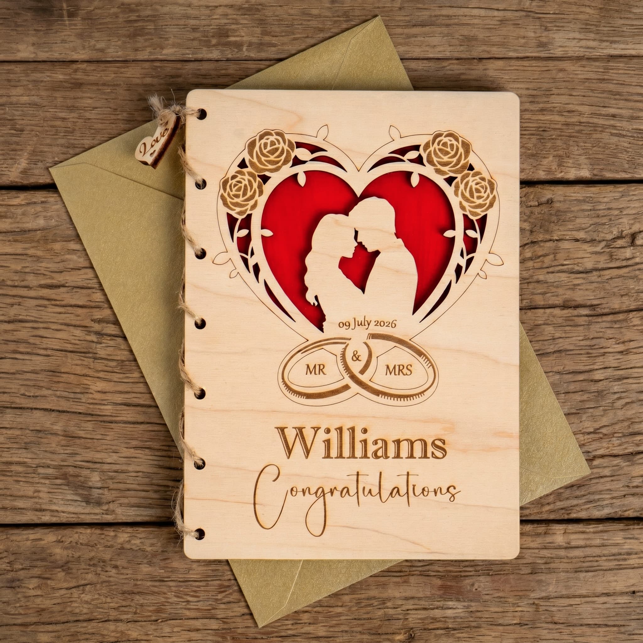 Personalised wooden wedding card featuring couple silhouette and romantic heart design.