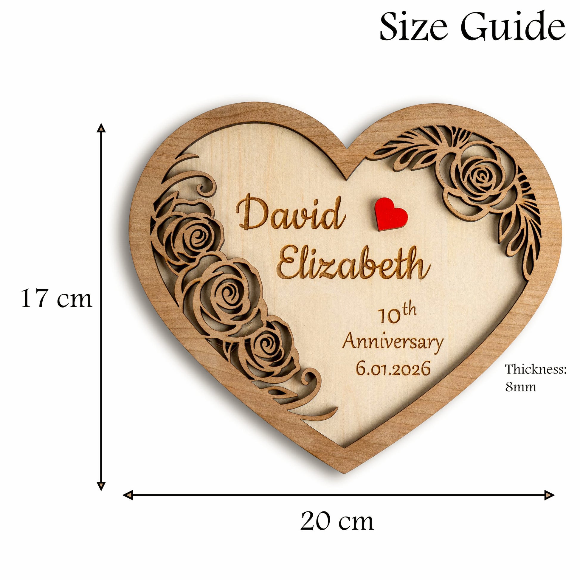 Personalised wooden heart plaque size guide with engraving details and floral design.