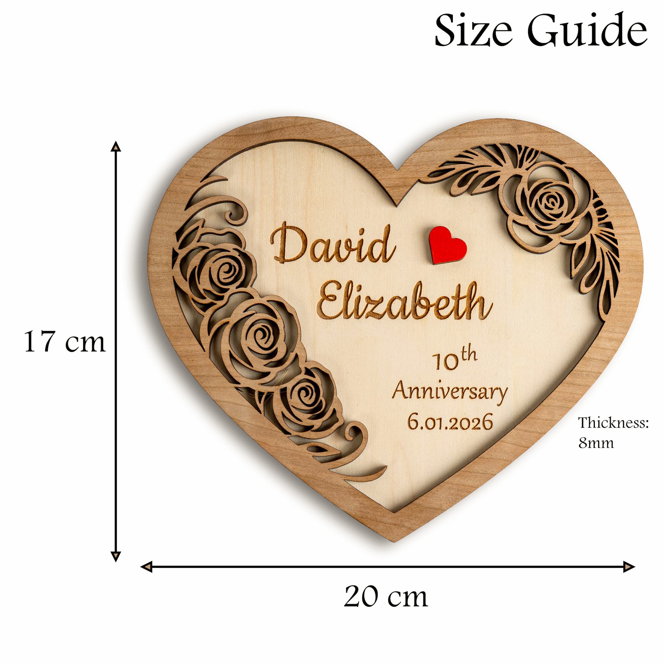 Personalised wooden heart plaque size guide with engraving details and floral design.