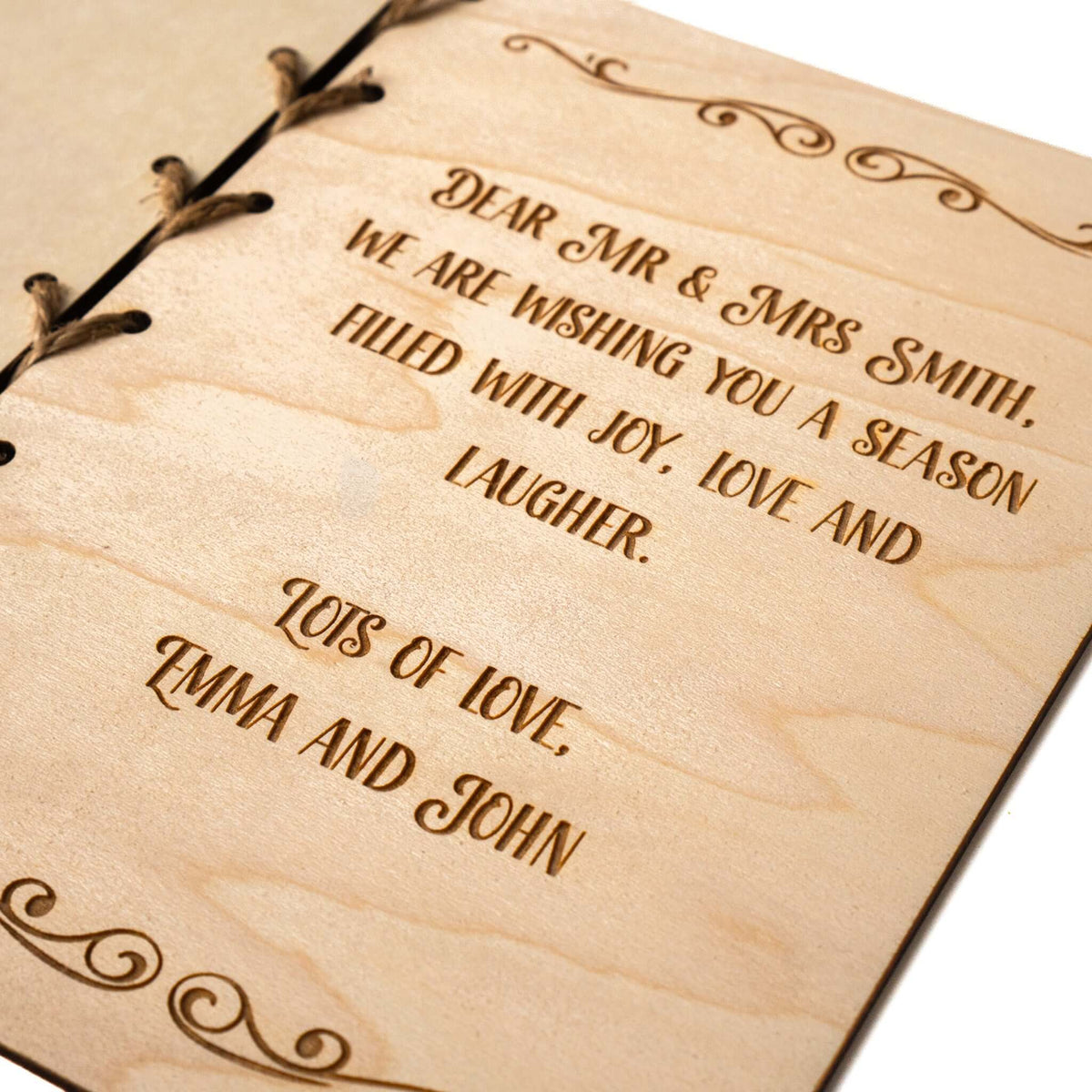 Personalised Wooden Christmas Card with engraved message for Mr & Mrs Smith from Emma and John.