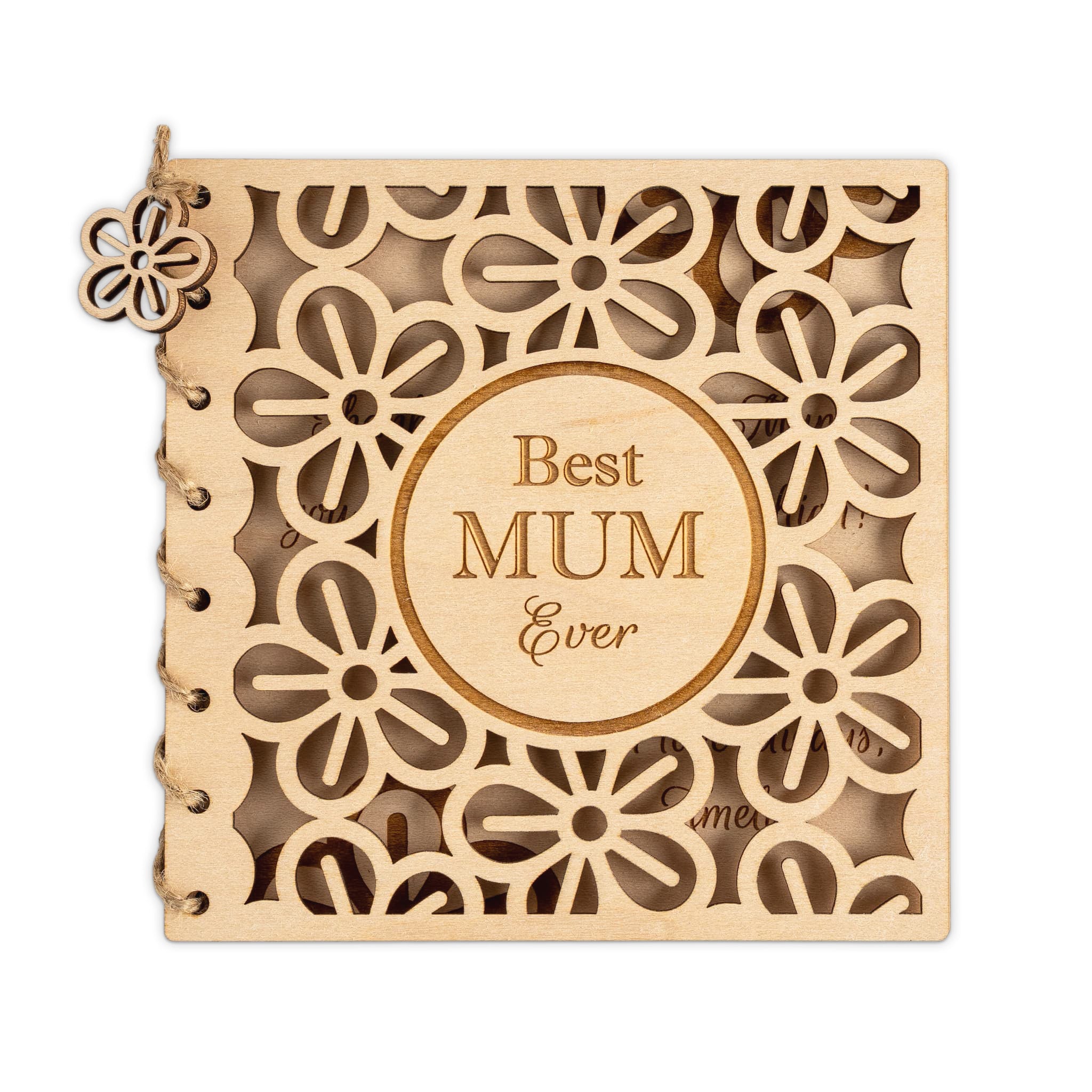 Personalised wooden Happy Mother's Day Card with floral laser cut design saying 'Best MUM Ever'.