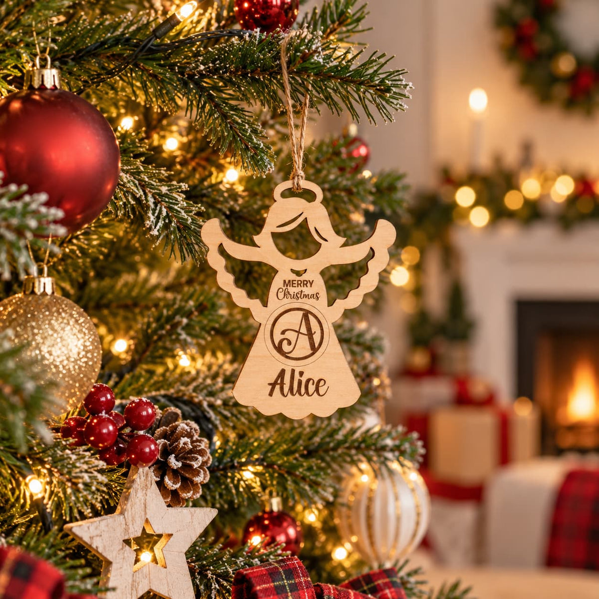 Personalised Wooden Angel Christmas Decoration with name Alice and initial A hanging on a festive tree.